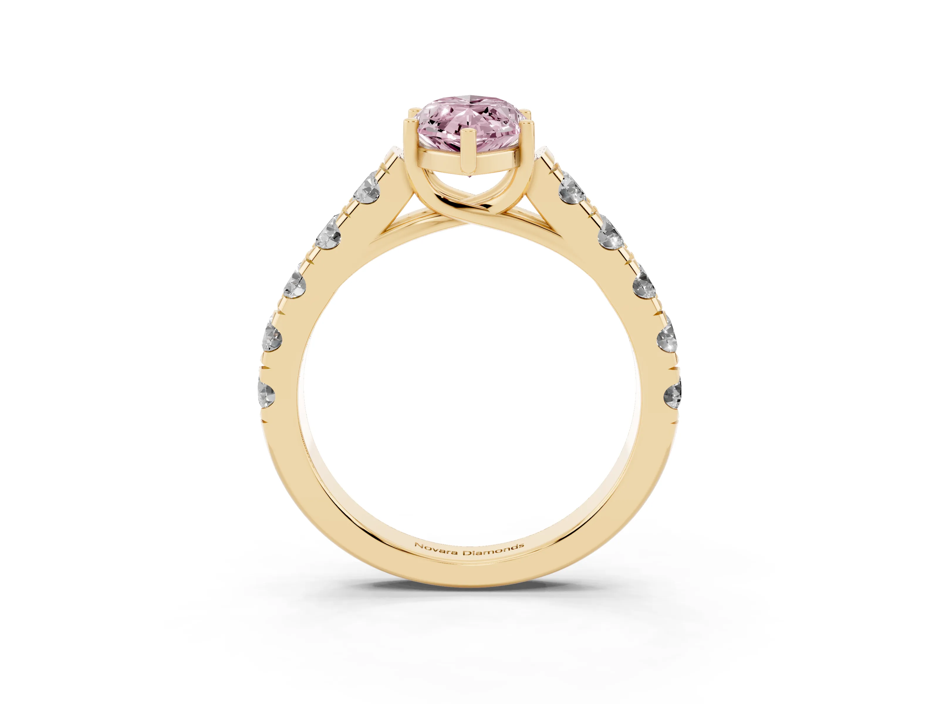 Fancy Pink Marquise Cut Diamond Solitaire Ring Set in Yellow gold with Cut-Down Micro Pavé Band and Prong Setting
