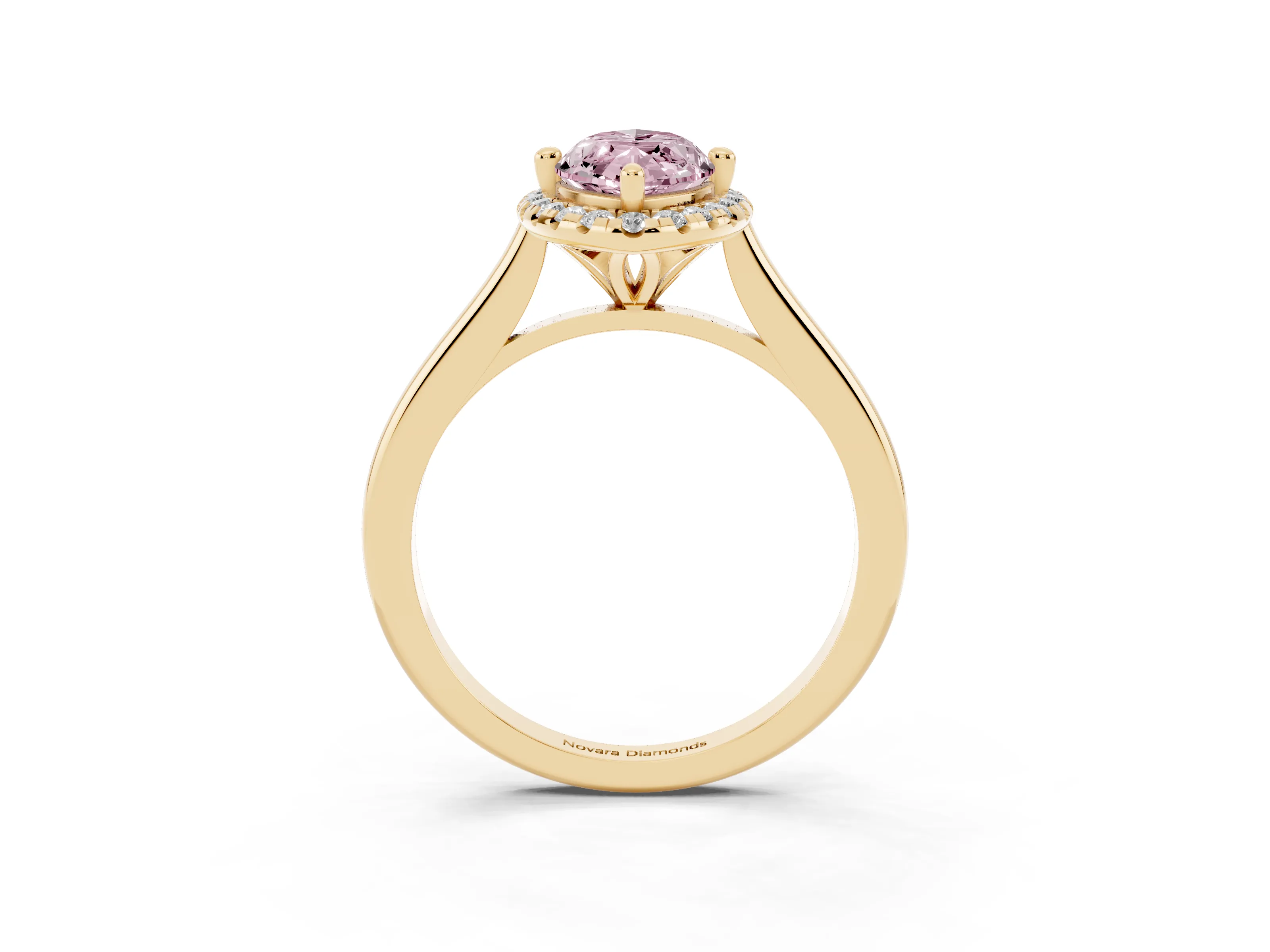 Fancy Pink Marquise Cut Diamond Halo Engagement Ring Set in Yellow gold with Pavé Band and Rising Shoulders