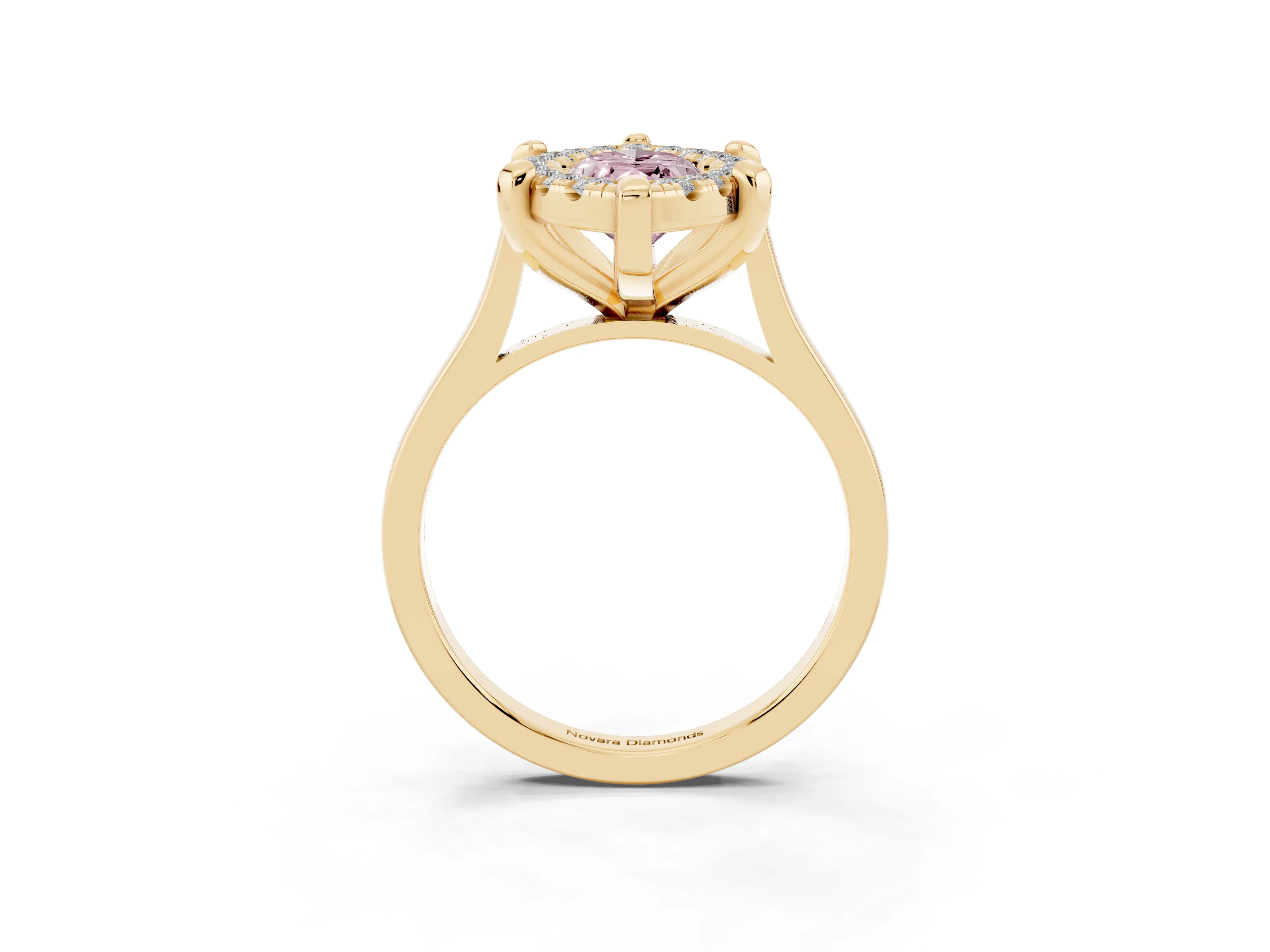 Fancy Pink Marquise Cut Diamond Cluster Halo Solitaire Ring Set in Yellow gold with Prong Setting