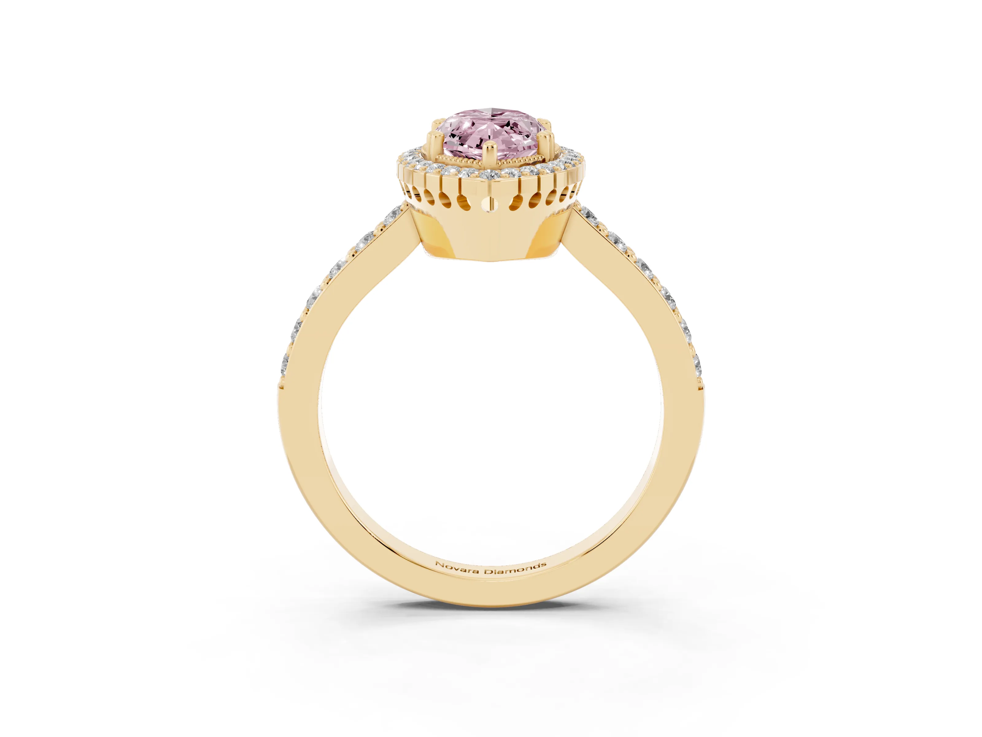 Fancy Pink Marquise Cut Diamond Halo Engagement Ring Set in Yellow gold with Milgrain Detail and Pavé Band