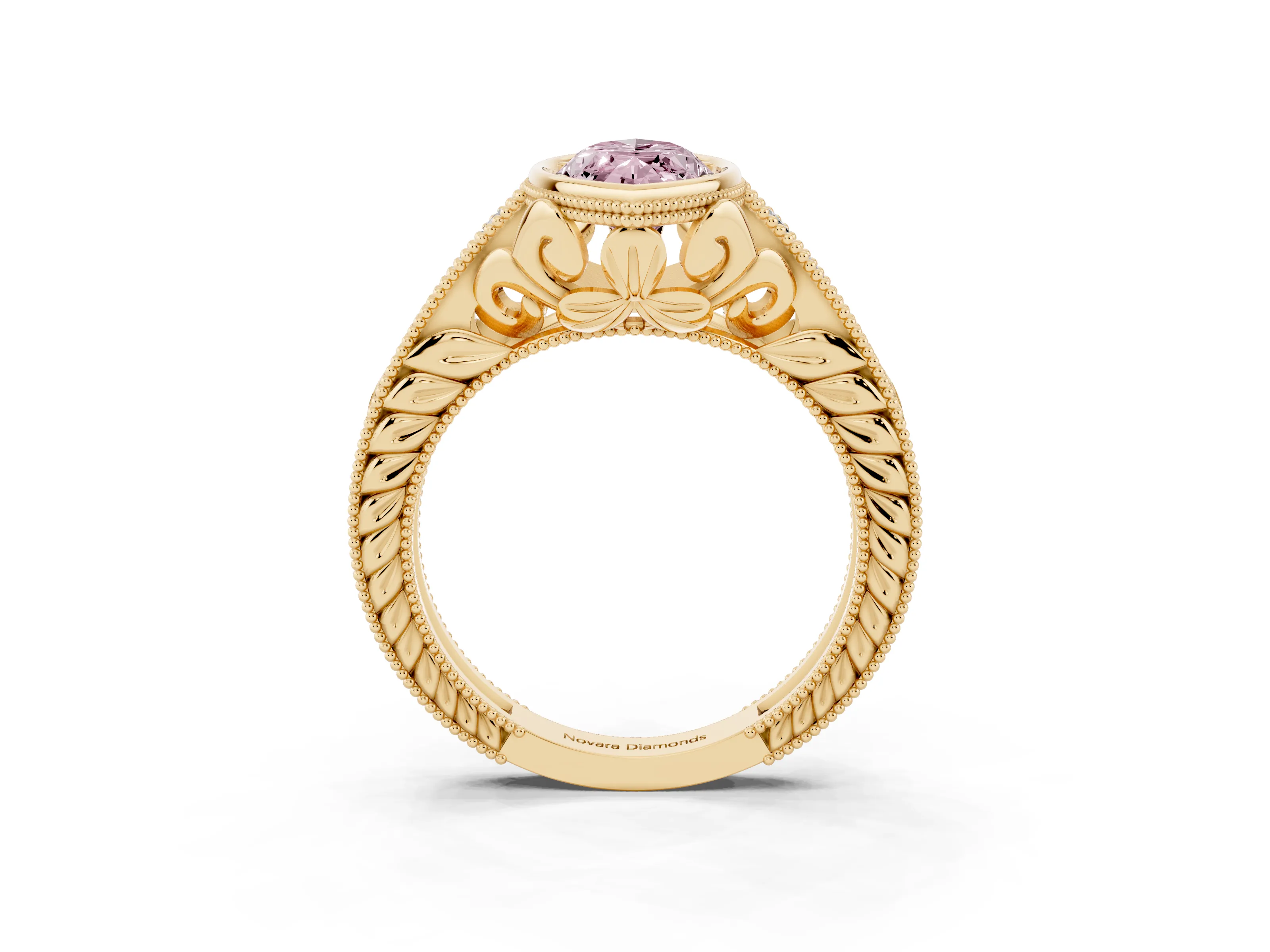 Fancy Pink Bezel Set Marquise Cut Diamond Milgrain Pavé Engagement Ring Set in Yellow gold