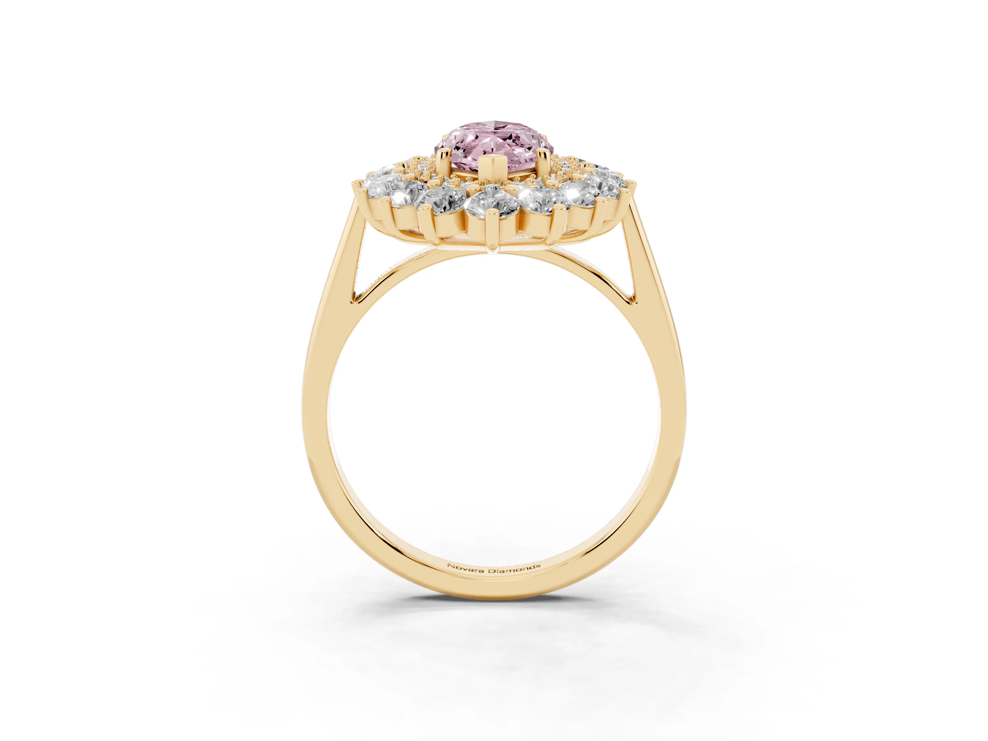 Fancy Pink Marquise Cut Diamond Floral Double Halo Ring Set in Yellow gold with Round Petals