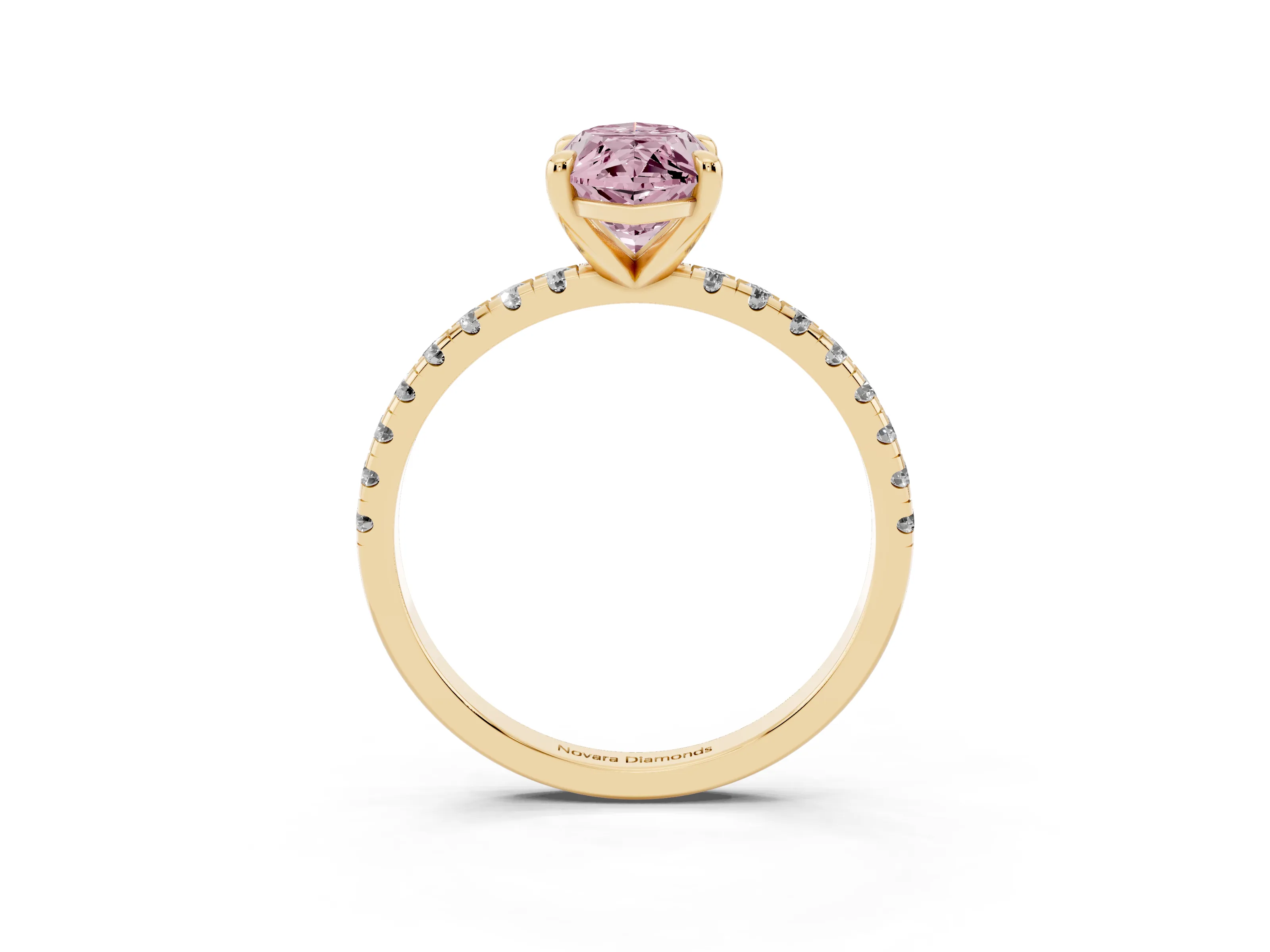 Fancy Pink Marquise Cut Diamond Brilliant Solitaire Ring Set in Yellow gold with Pavé Band and Prong Setting