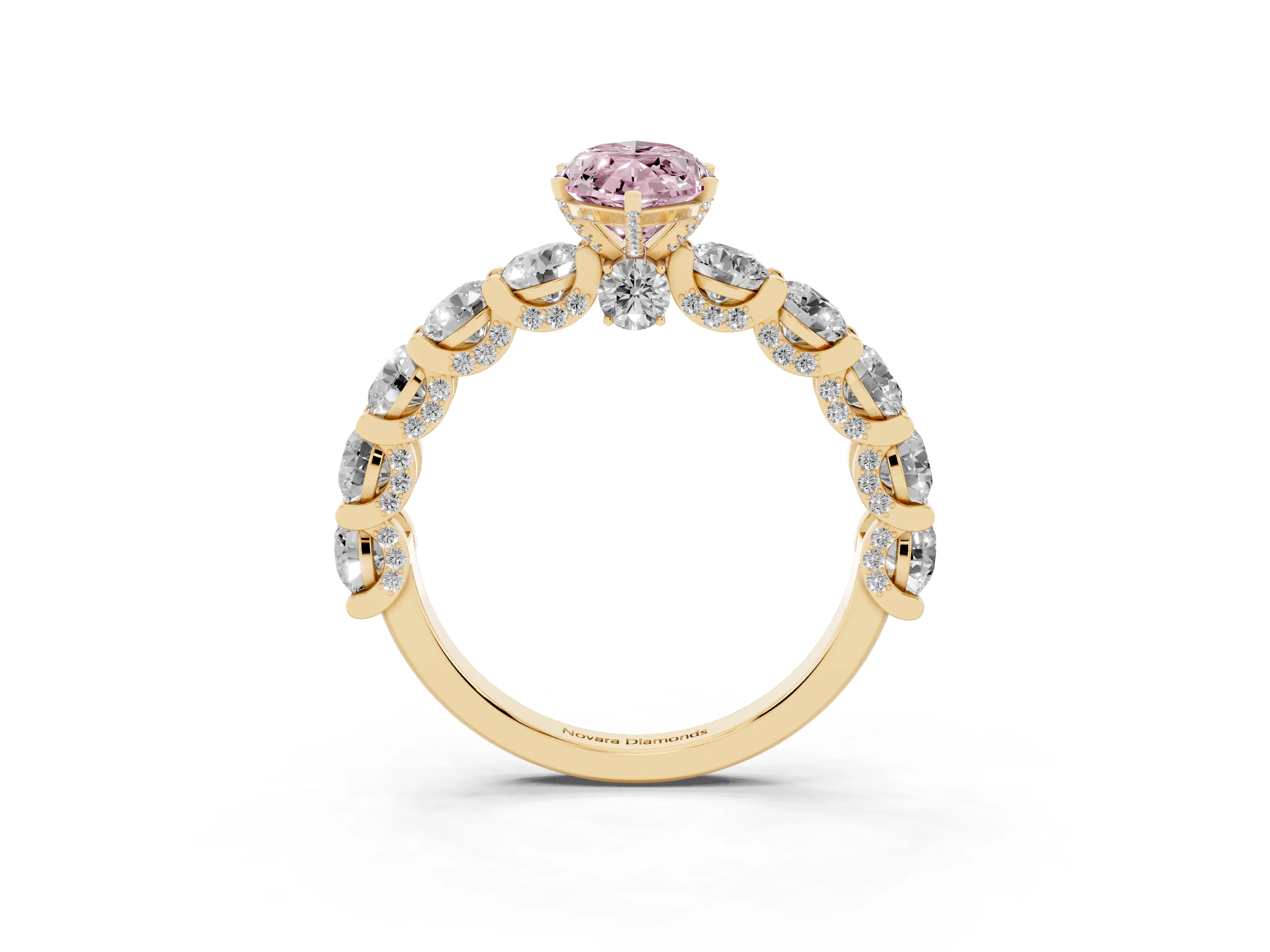 Fancy Pink Marquise Cut Diamond Side Stone Ring Set in Yellow gold with Alternating Round and Oval Side Stones