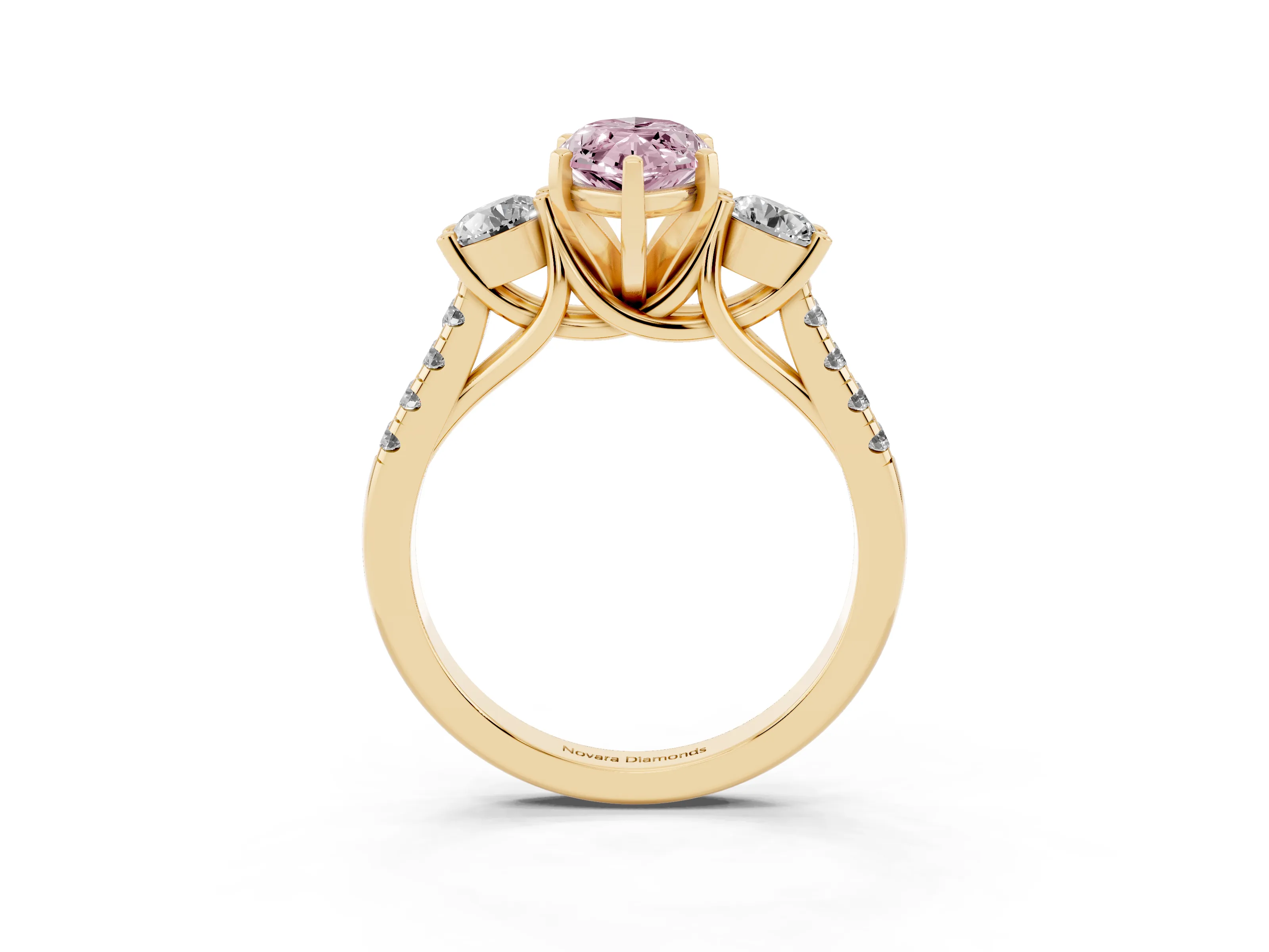 Fancy Pink Three-Stone Marquise Cut Diamond Pavé Band Ring Set in Yellow gold with Prong-Set Trio