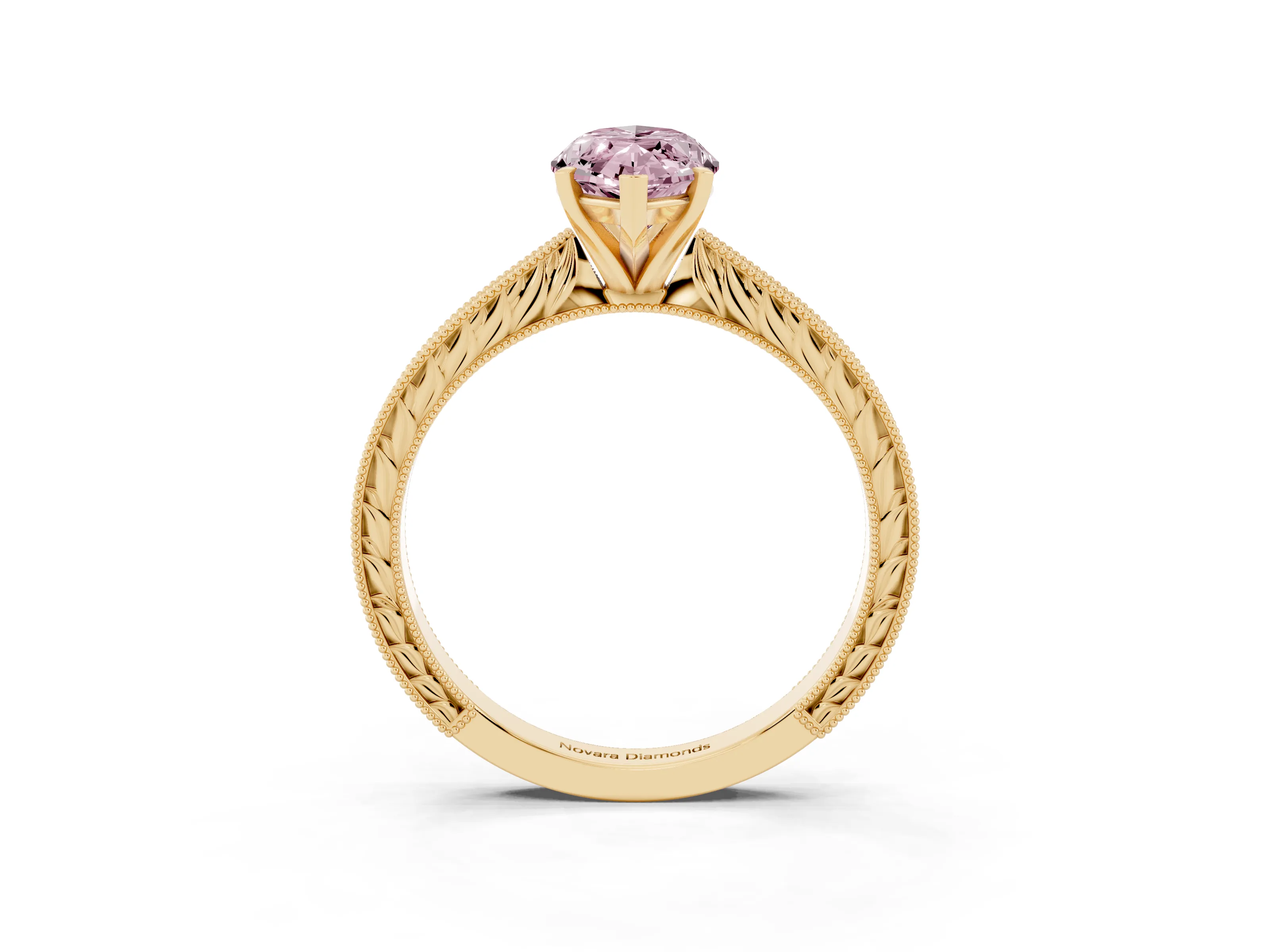 Fancy Pink Marquise Cut Diamond Solitaire Milgrain Engraved Band Set in Yellow gold with Prong Setting