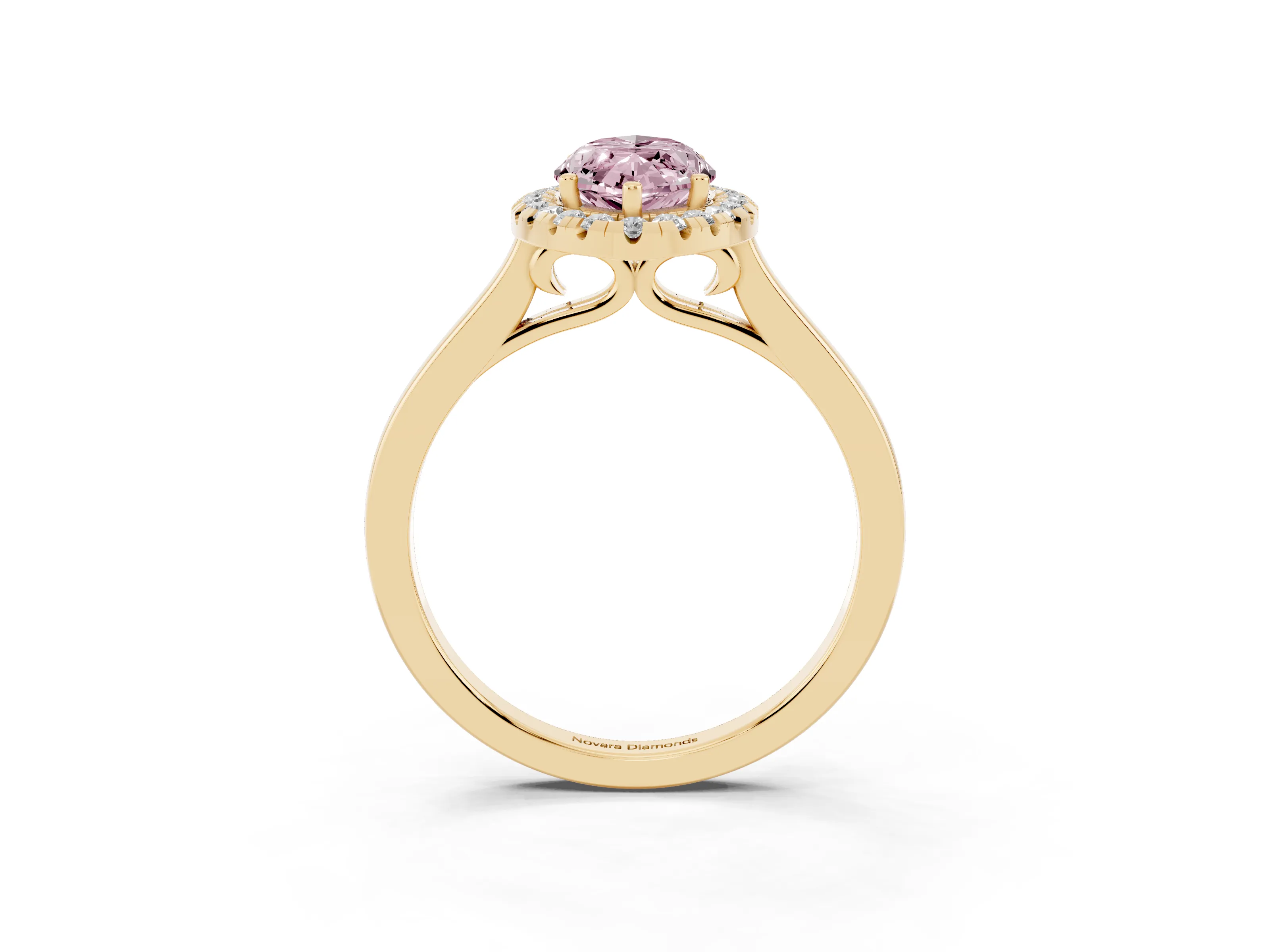 Fancy Pink Marquise Cut Halo Round Diamond Solitaire Ring Set in Yellow gold with Pavé Band and Prong Setting