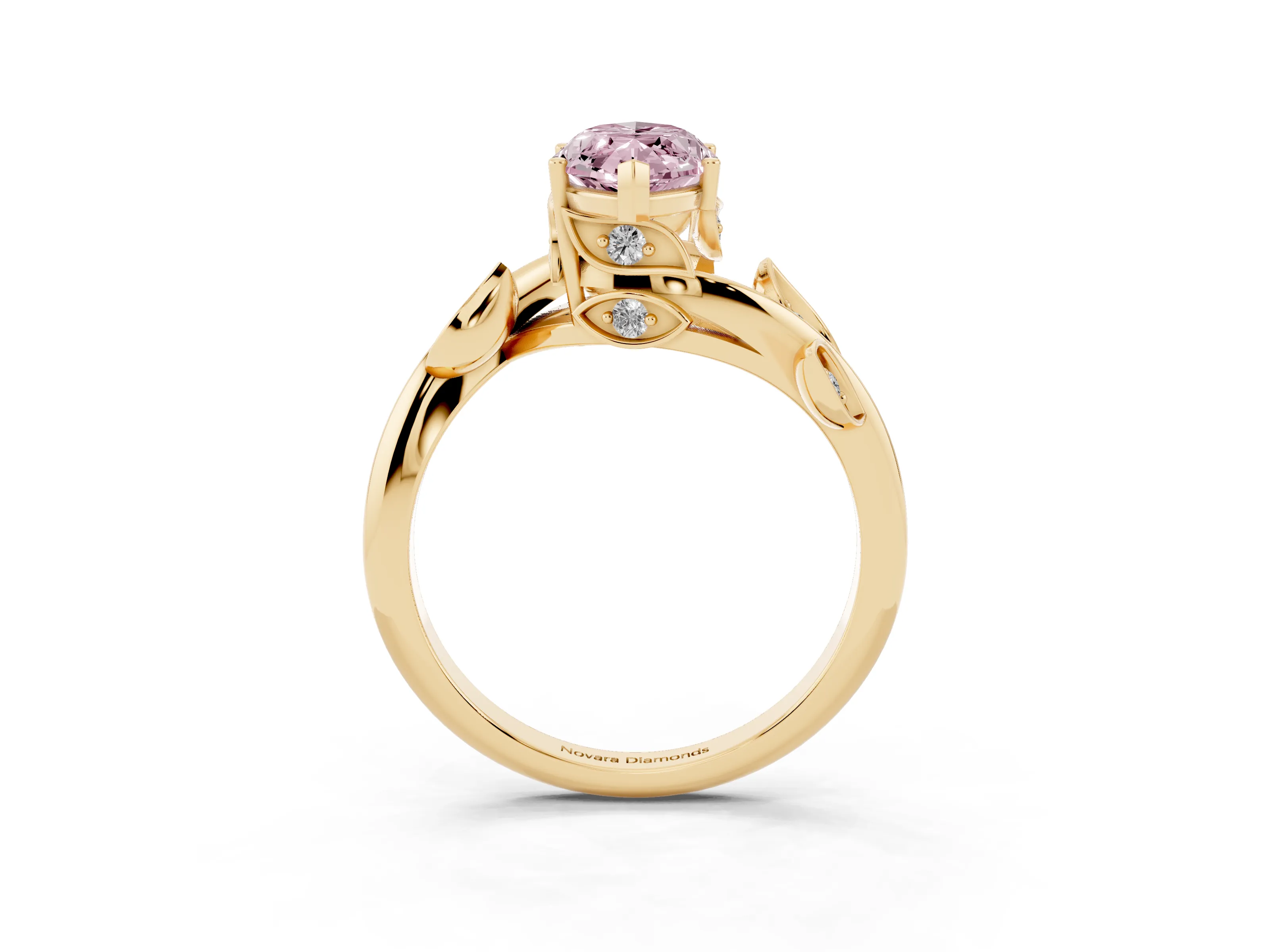 Fancy Pink Marquise Cut Diamond Solitaire Twist Engagement Ring Set in Yellow gold with Pavé Leaf Accents