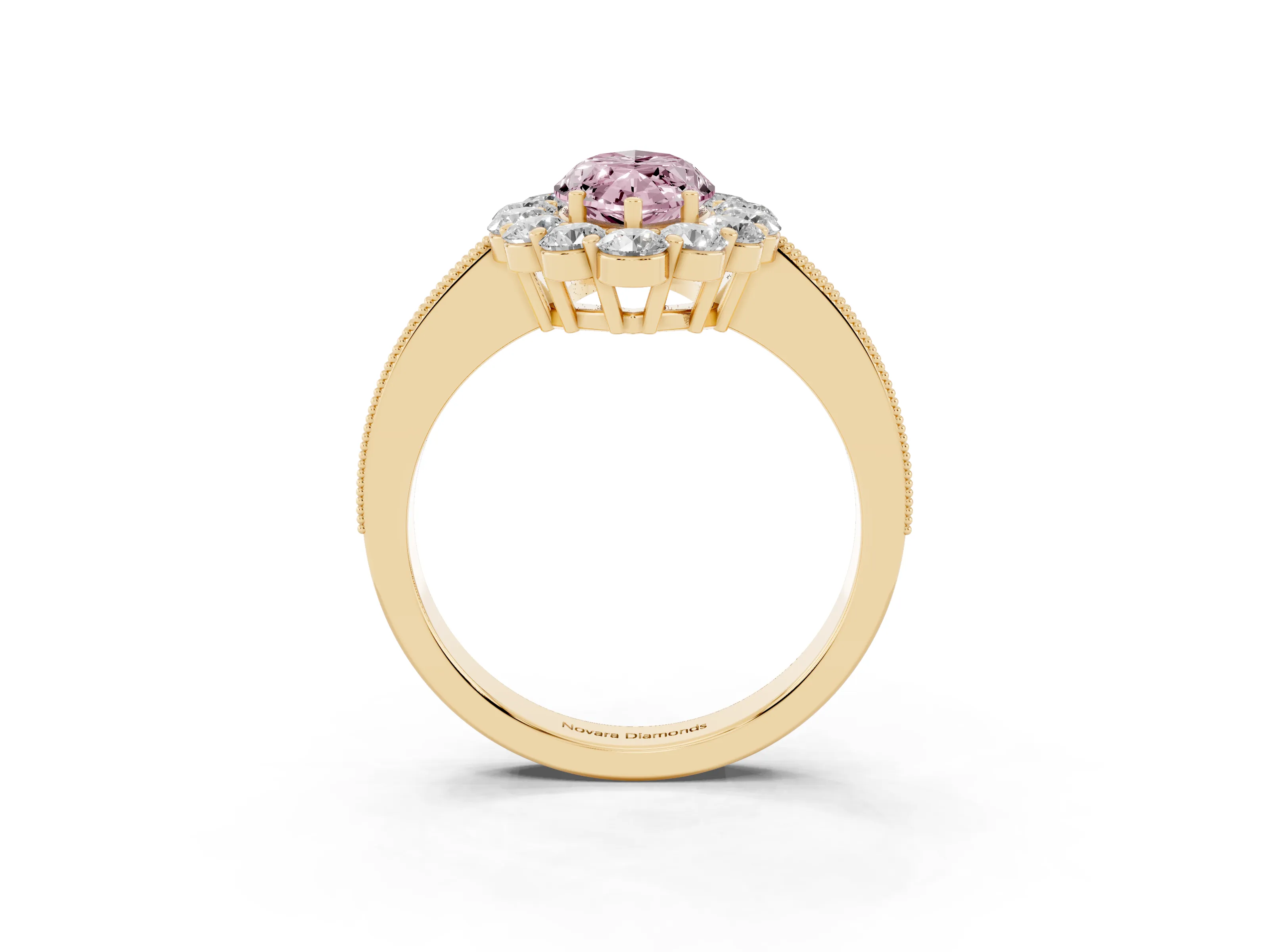 Fancy Pink Marquise Cut Diamond Halo Pavé Engagement Ring Set in Yellow gold with Milgrain Detailing