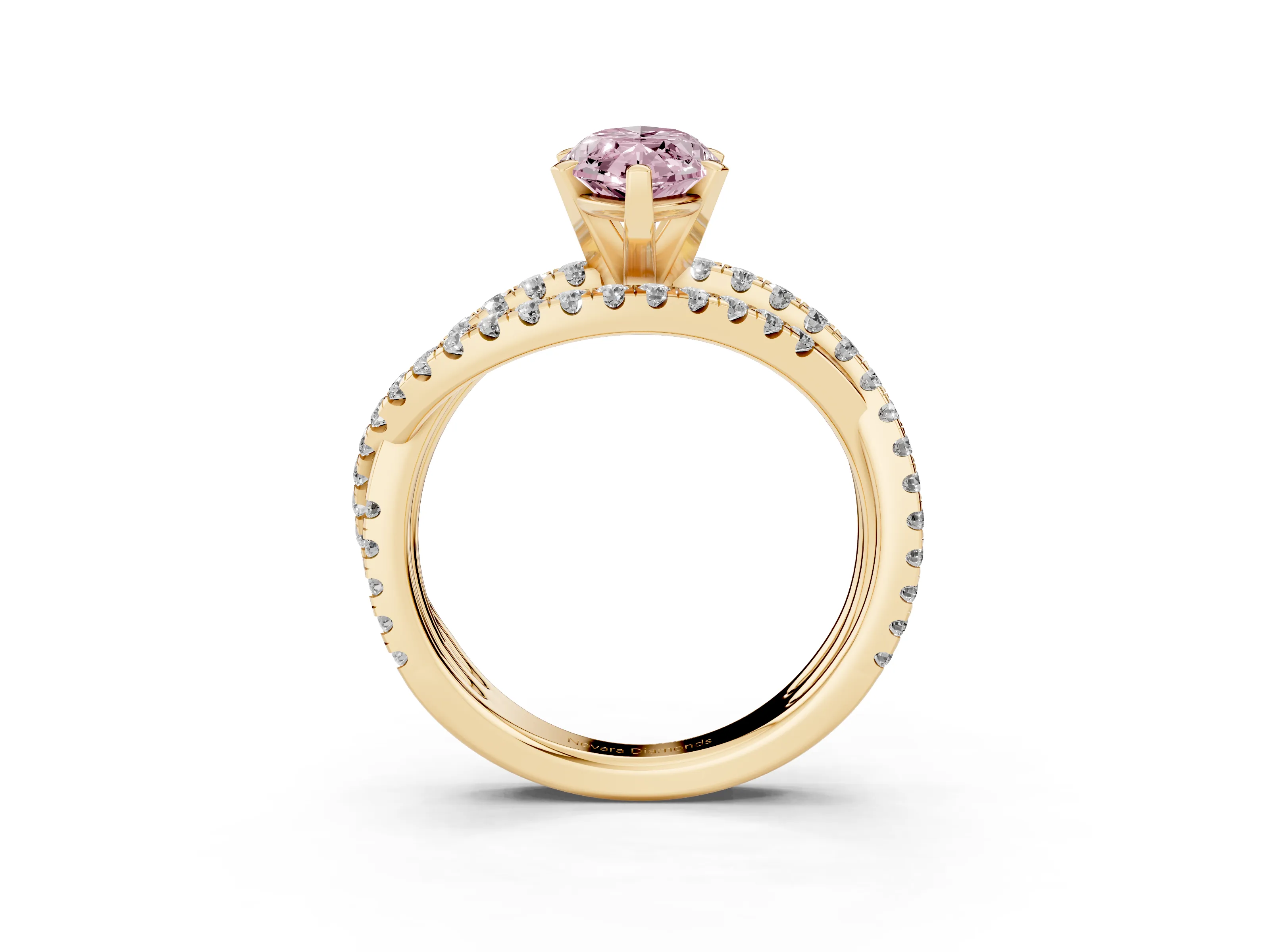 Fancy Pink Marquise Cut Diamond Solitaire Twist Band Ring Set in Yellow gold with Pavé Setting and Prong Head