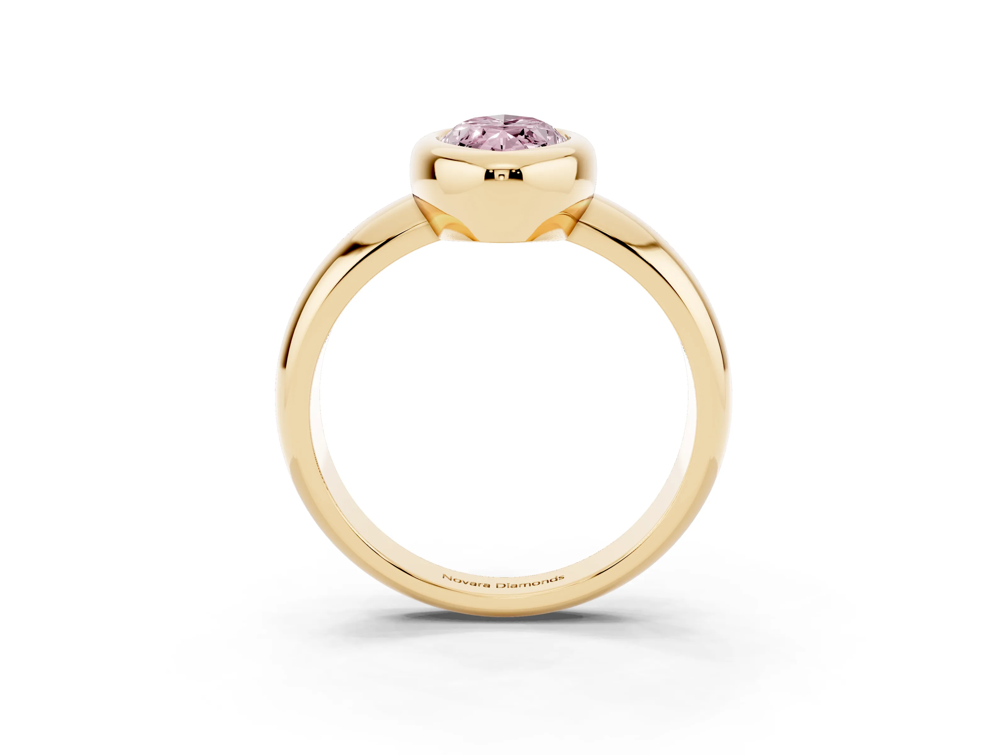 Fancy Pink Bezel Set Marquise Cut Diamond Solitaire Ring Set in Yellow gold with Wide Band