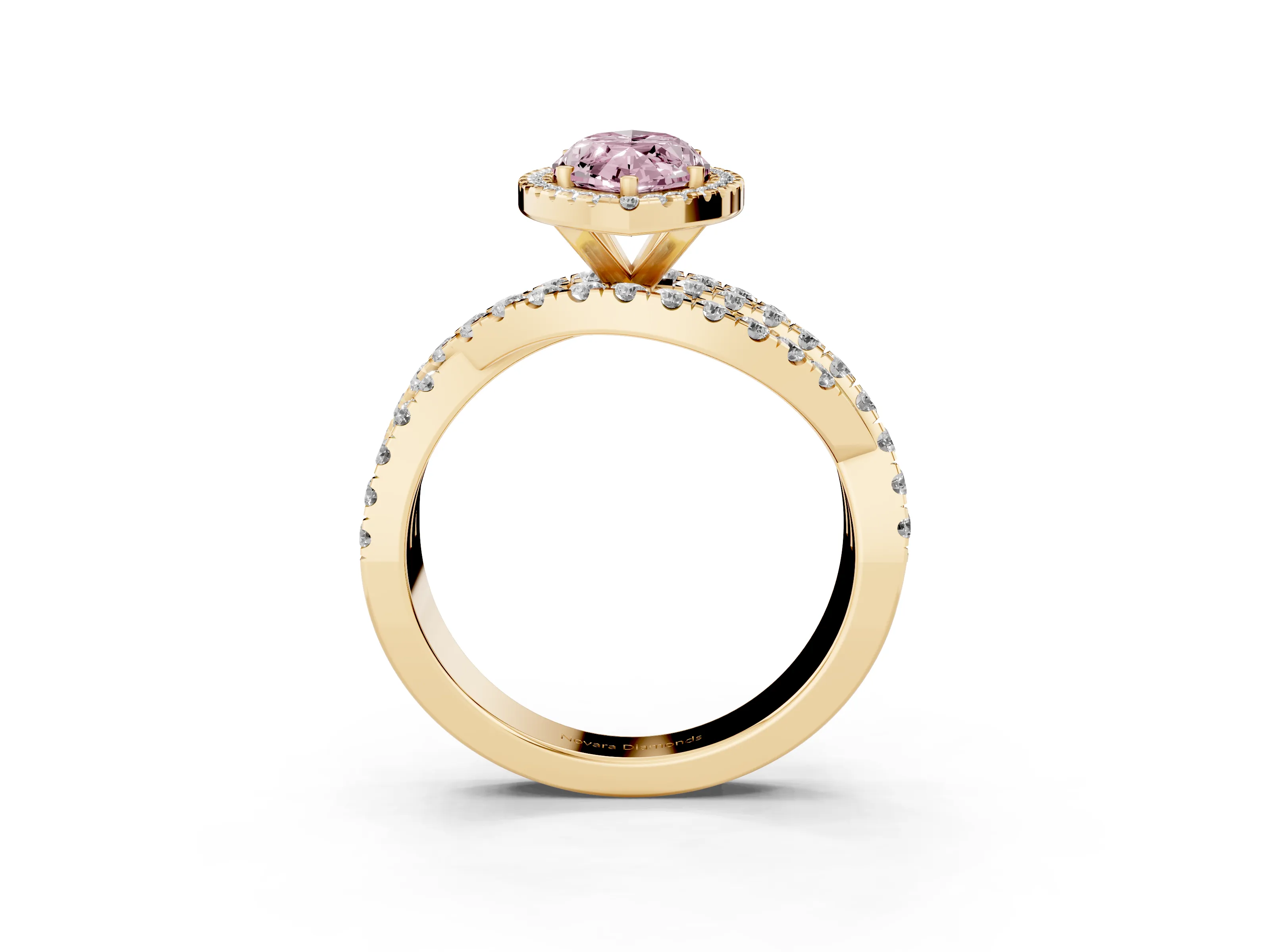 Fancy Pink Marquise Cut Diamond Halo Ring Set in Yellow gold with Round Crossover Split Shank and Prong Setting