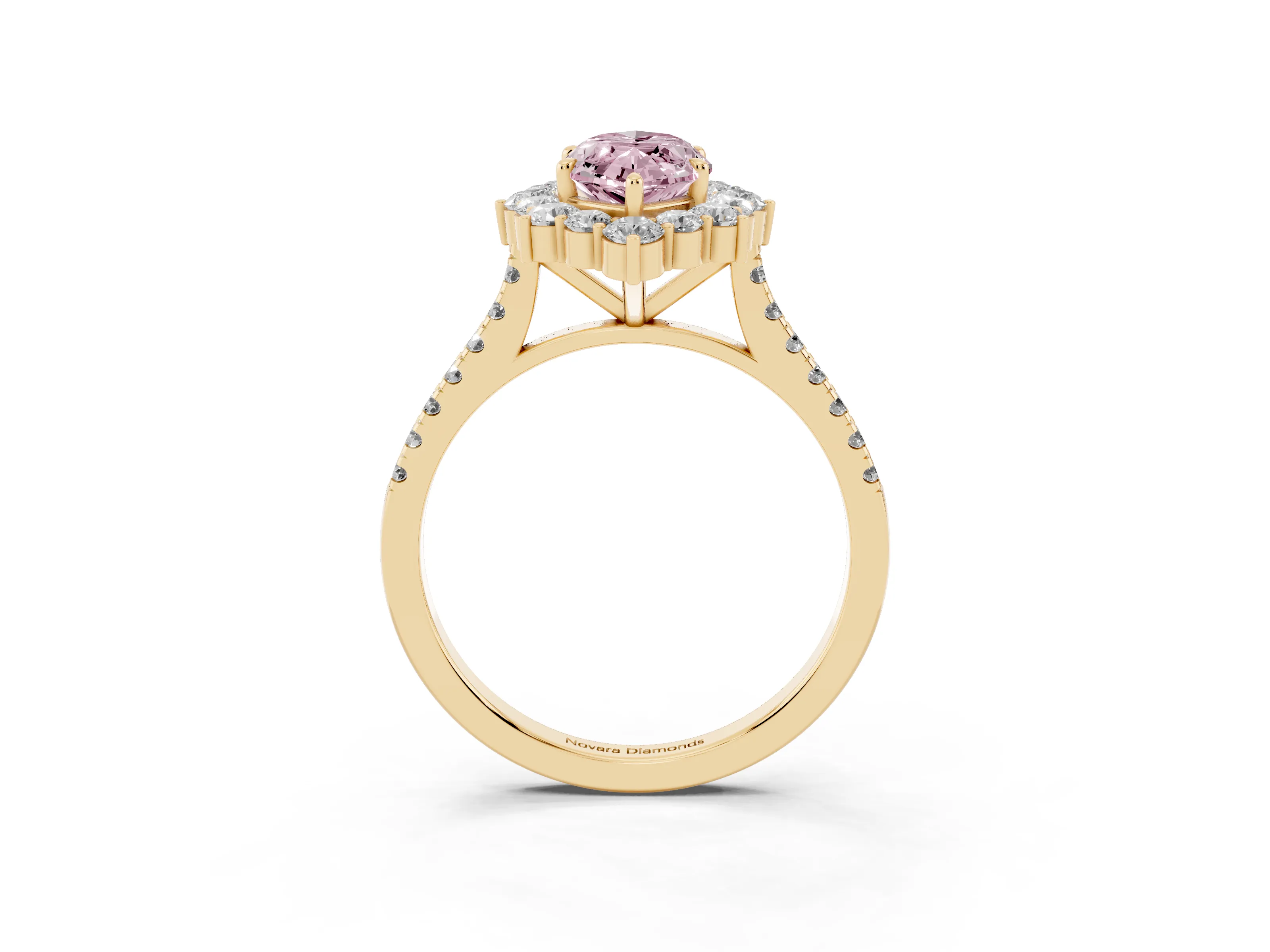 Fancy Pink Marquise Cut Diamond Halo Ring Set in Yellow gold with Pavé Band and Prong Setting