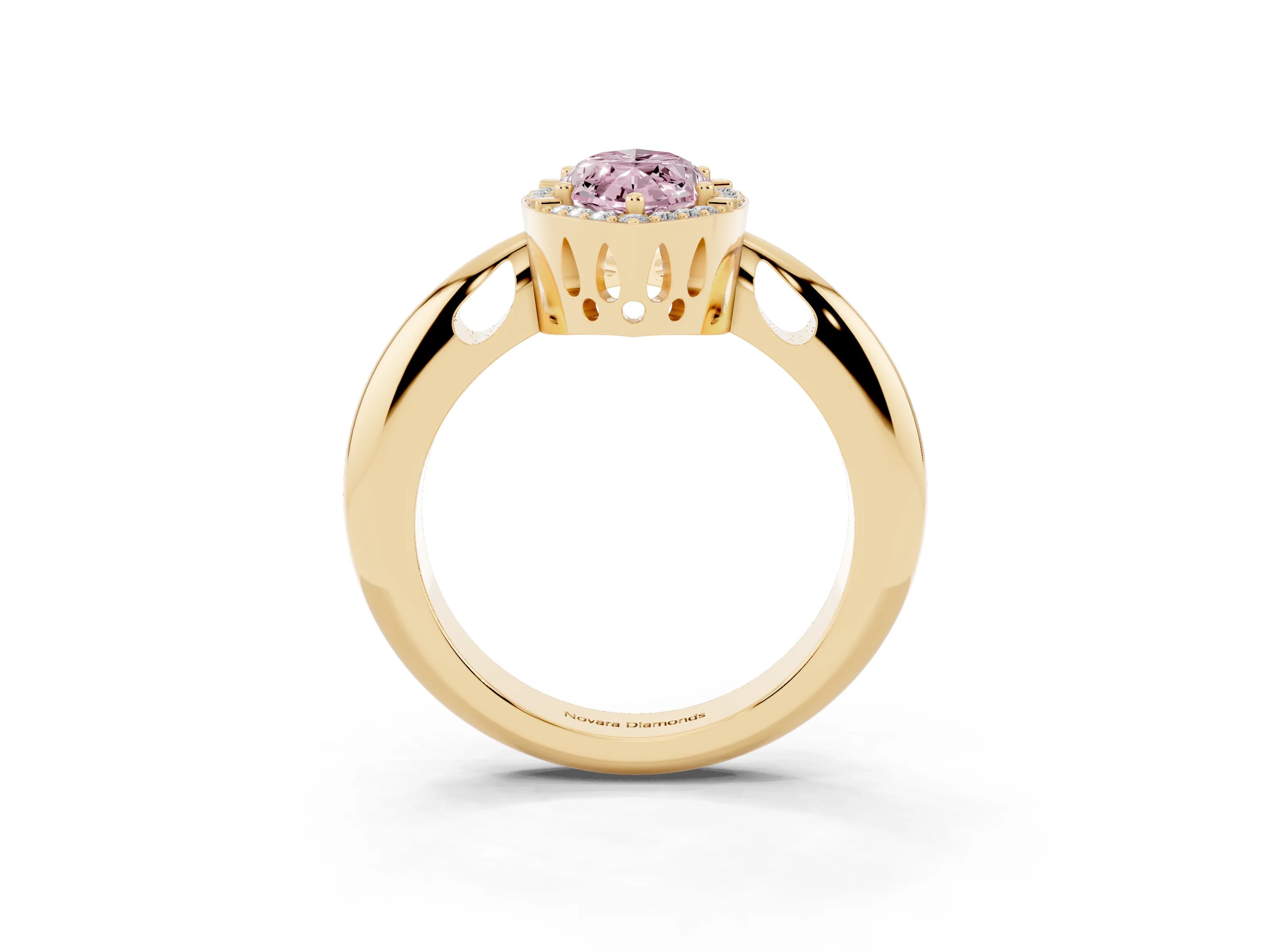 Fancy Pink Marquise Cut Diamond Halo Engagement Ring Set in Yellow gold with Plain Split Shank and Prong Setting
