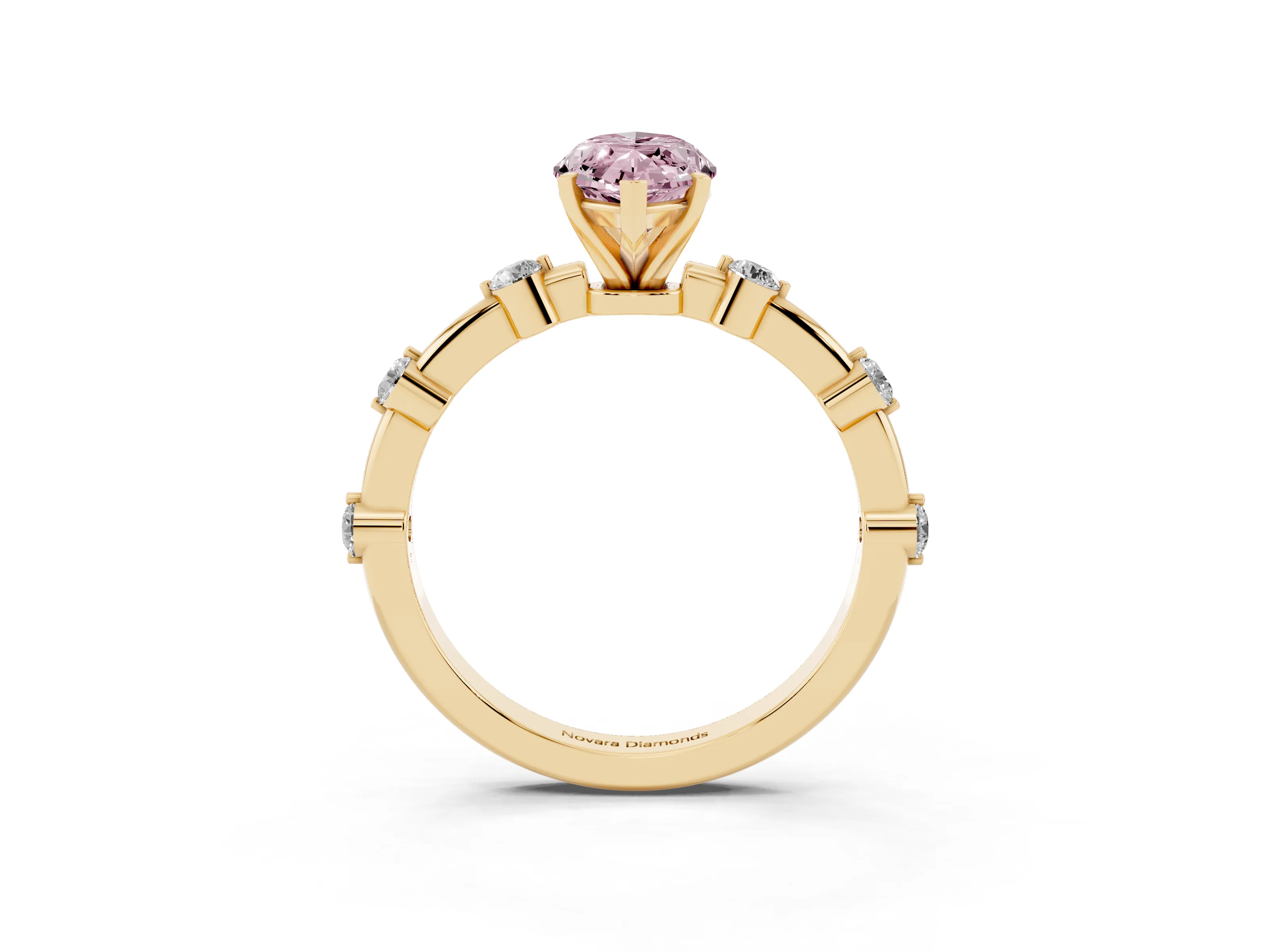 Fancy Pink Marquise Cut Diamond Solitaire Ring Set in Yellow gold with Bezel Set Side Stones and Prong Setting