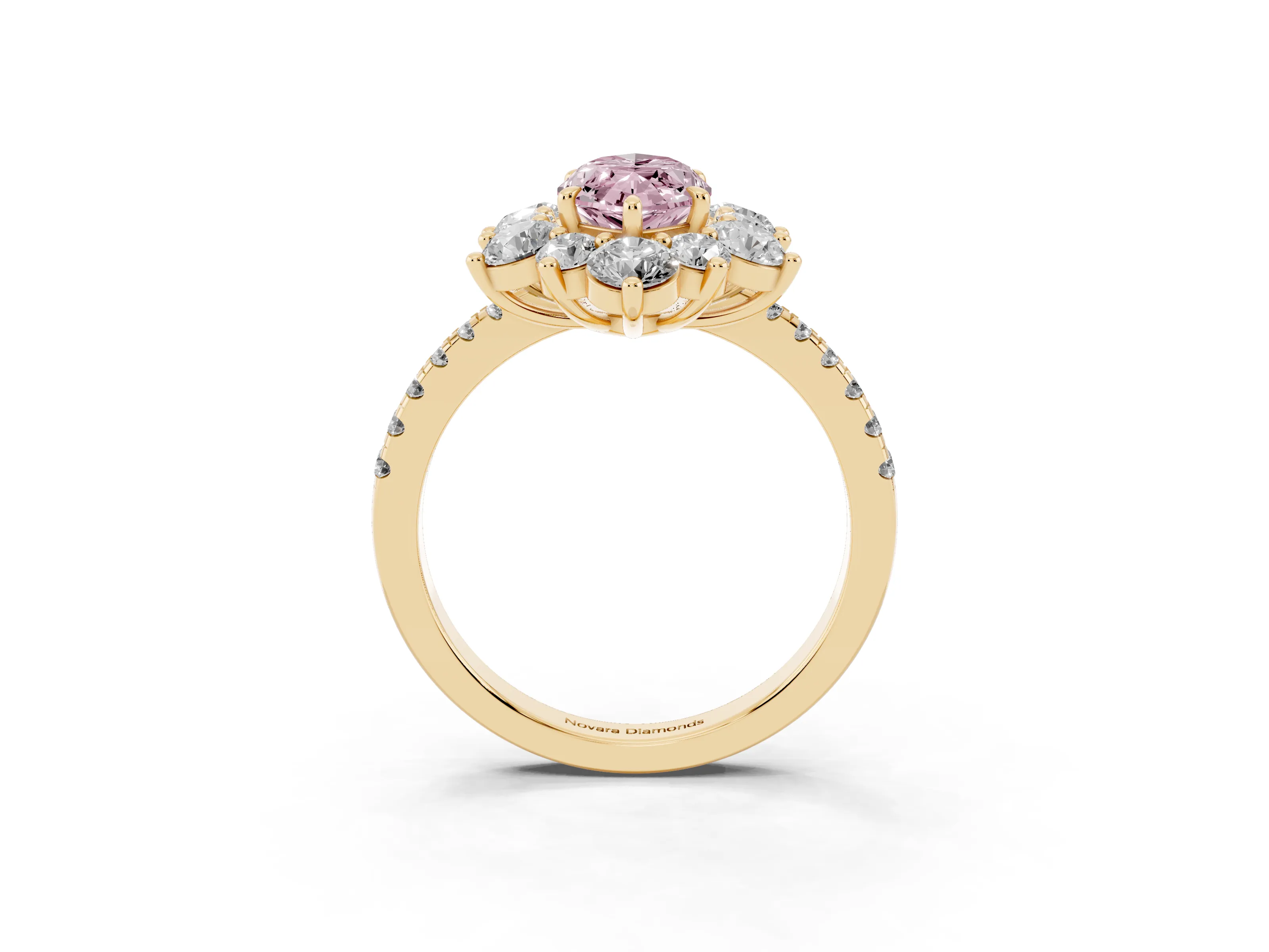 Fancy Pink Marquise Cut Diamond Floral Halo Ring Set in Yellow gold with Round Pavé Band and Prong Setting
