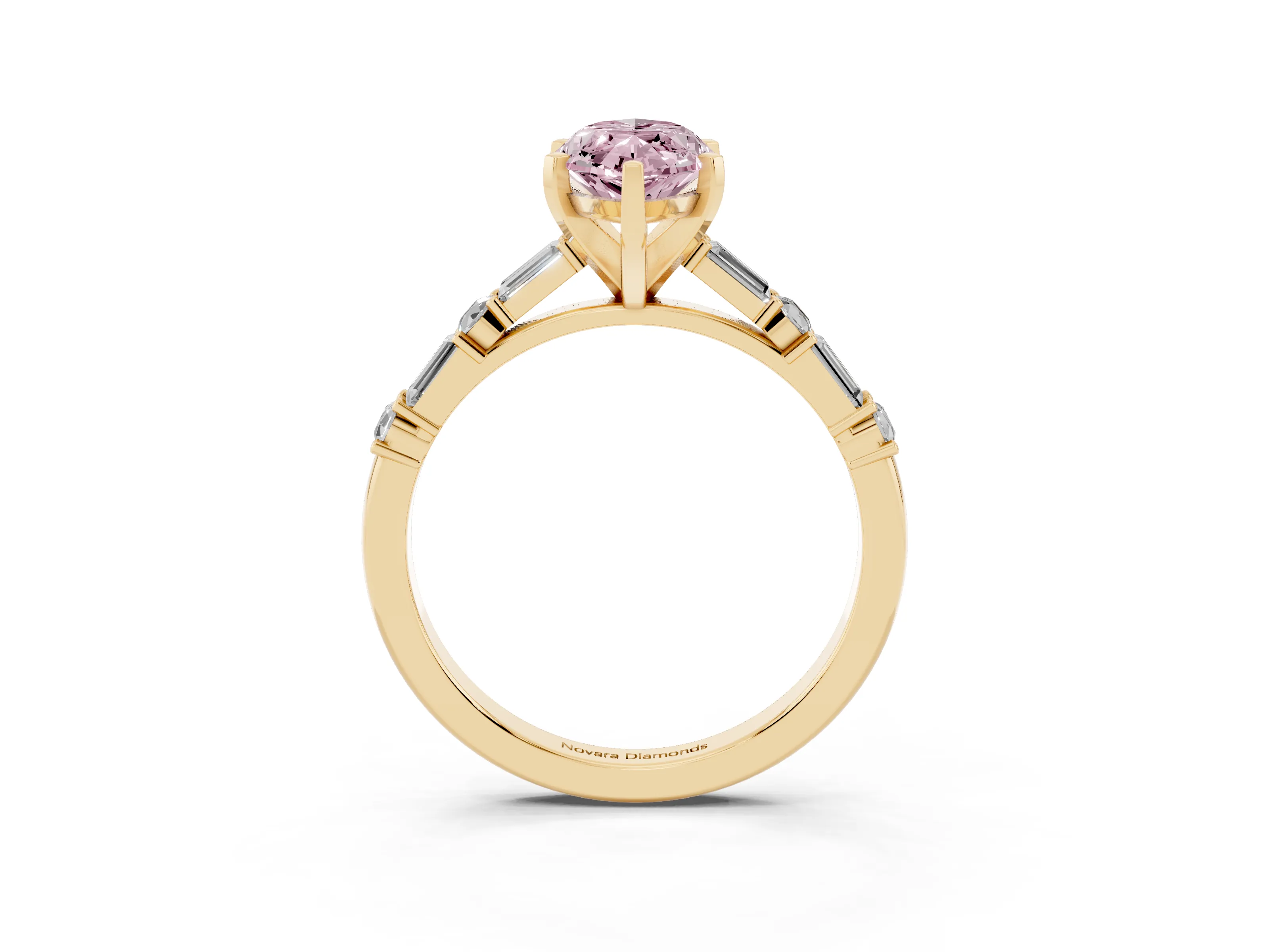 Fancy Pink Marquise Cut Diamond Solitaire Set in Yellow gold with Side Baguettes and Channel Set Band