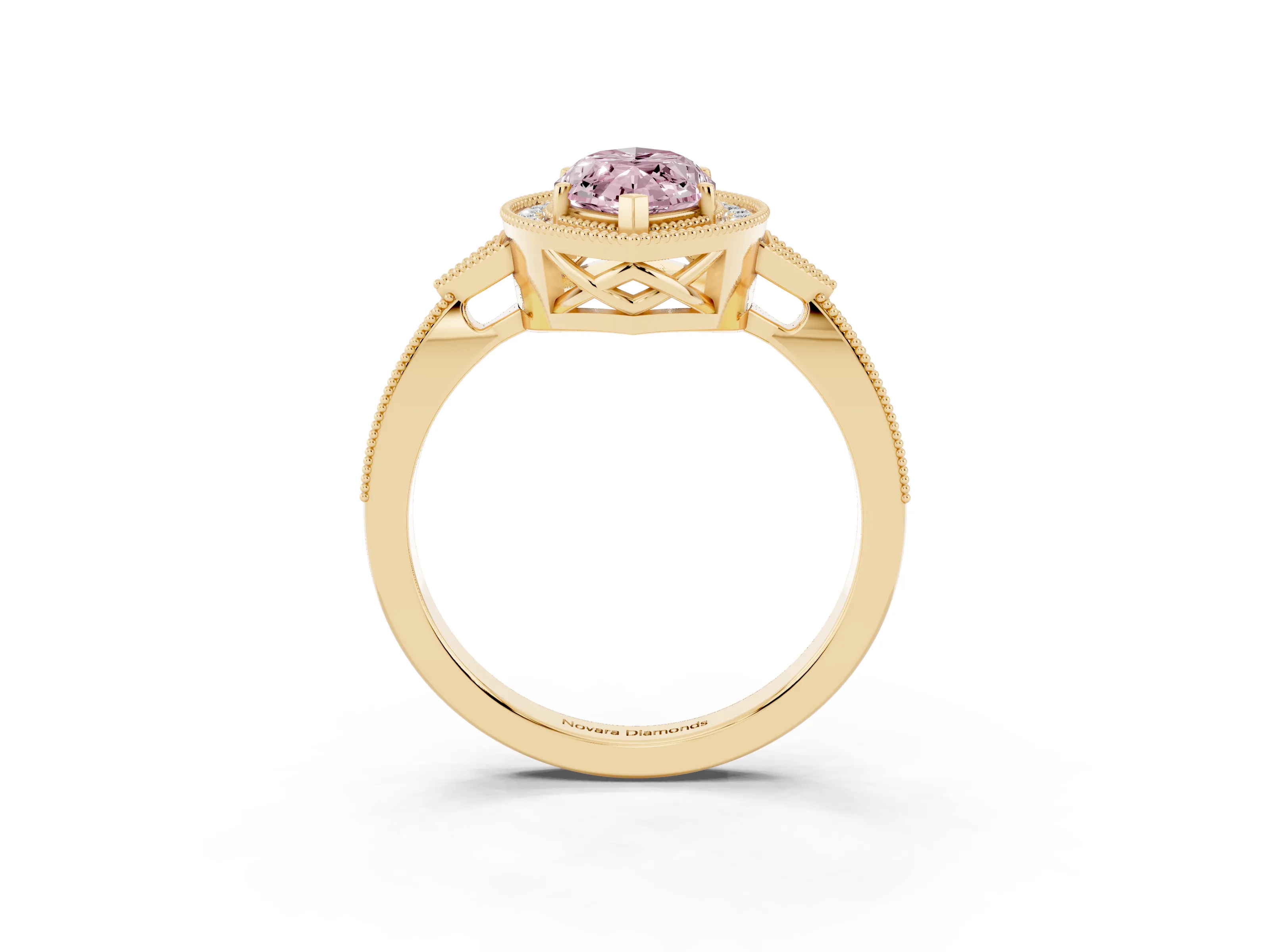 Fancy Pink Marquise Cut Diamond Halo Engagement Ring Set in Yellow gold with Milgrain Pavé Band
