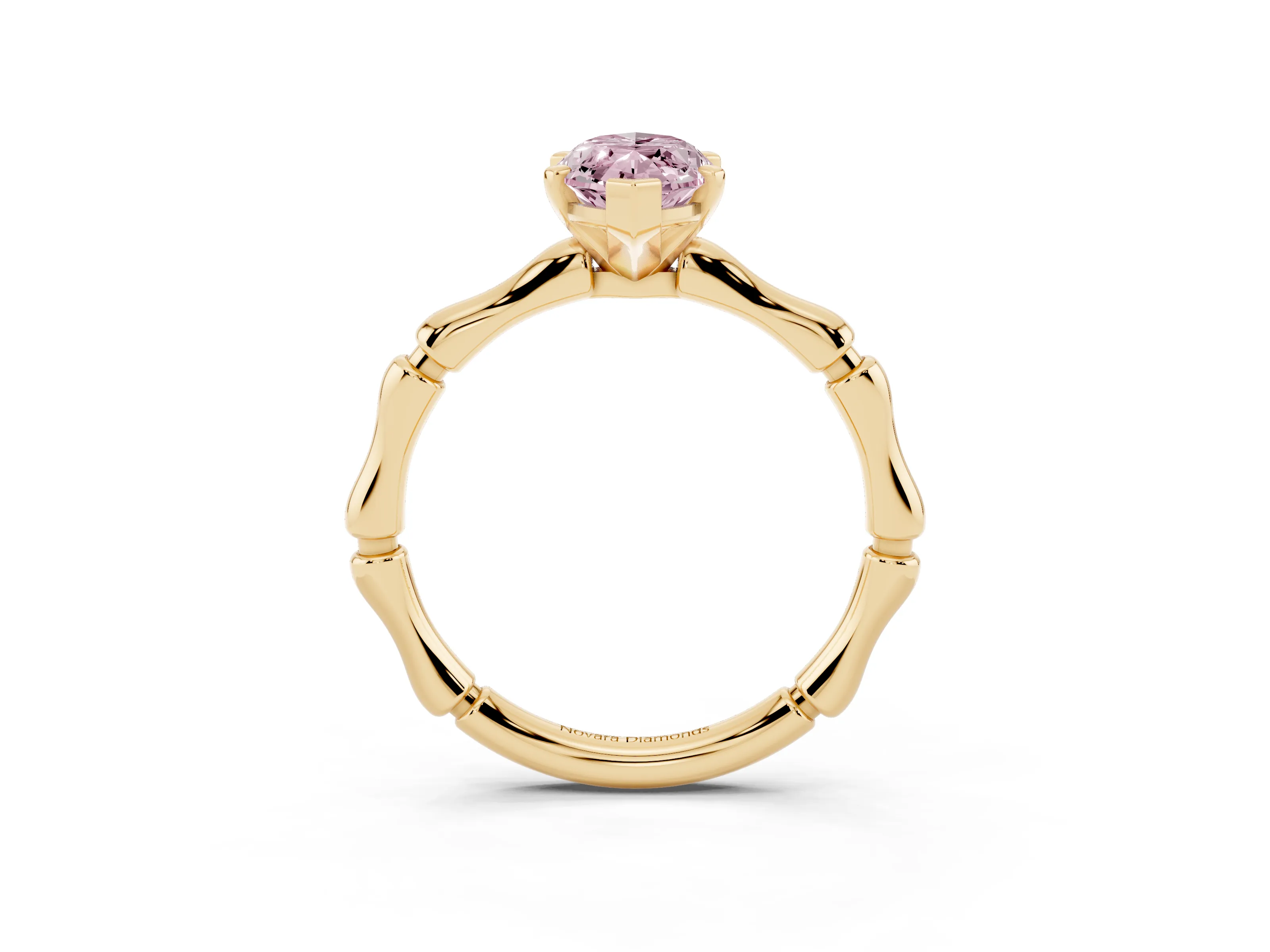 Fancy Pink Marquise Cut Diamond Solitaire Ring Set in Yellow gold with Bamboo Band and Prong Setting