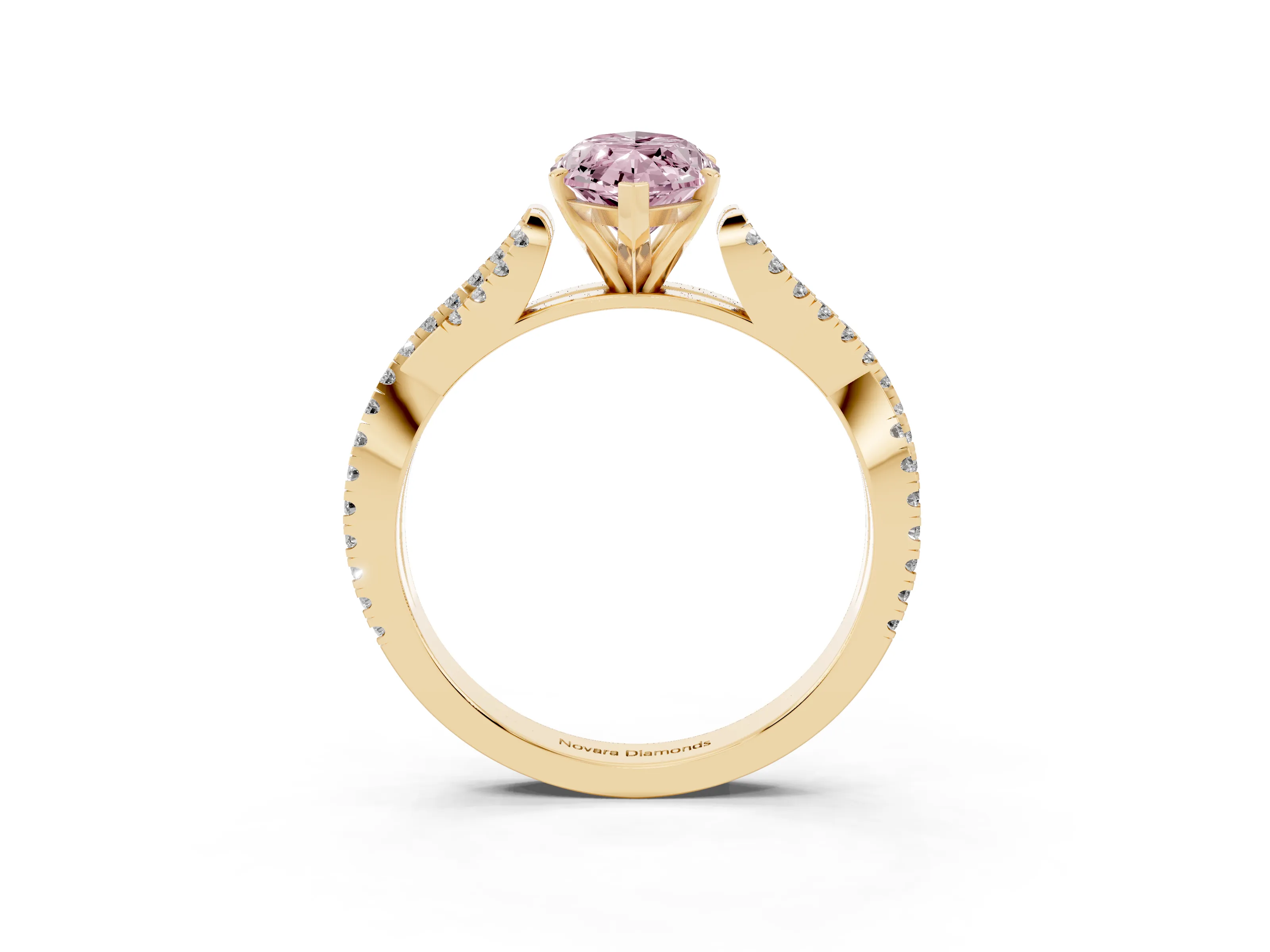 Fancy Pink Marquise Cut Diamond Solitaire Engagement Ring Set in Yellow gold with Twisted Pavé Band and Prong Setting