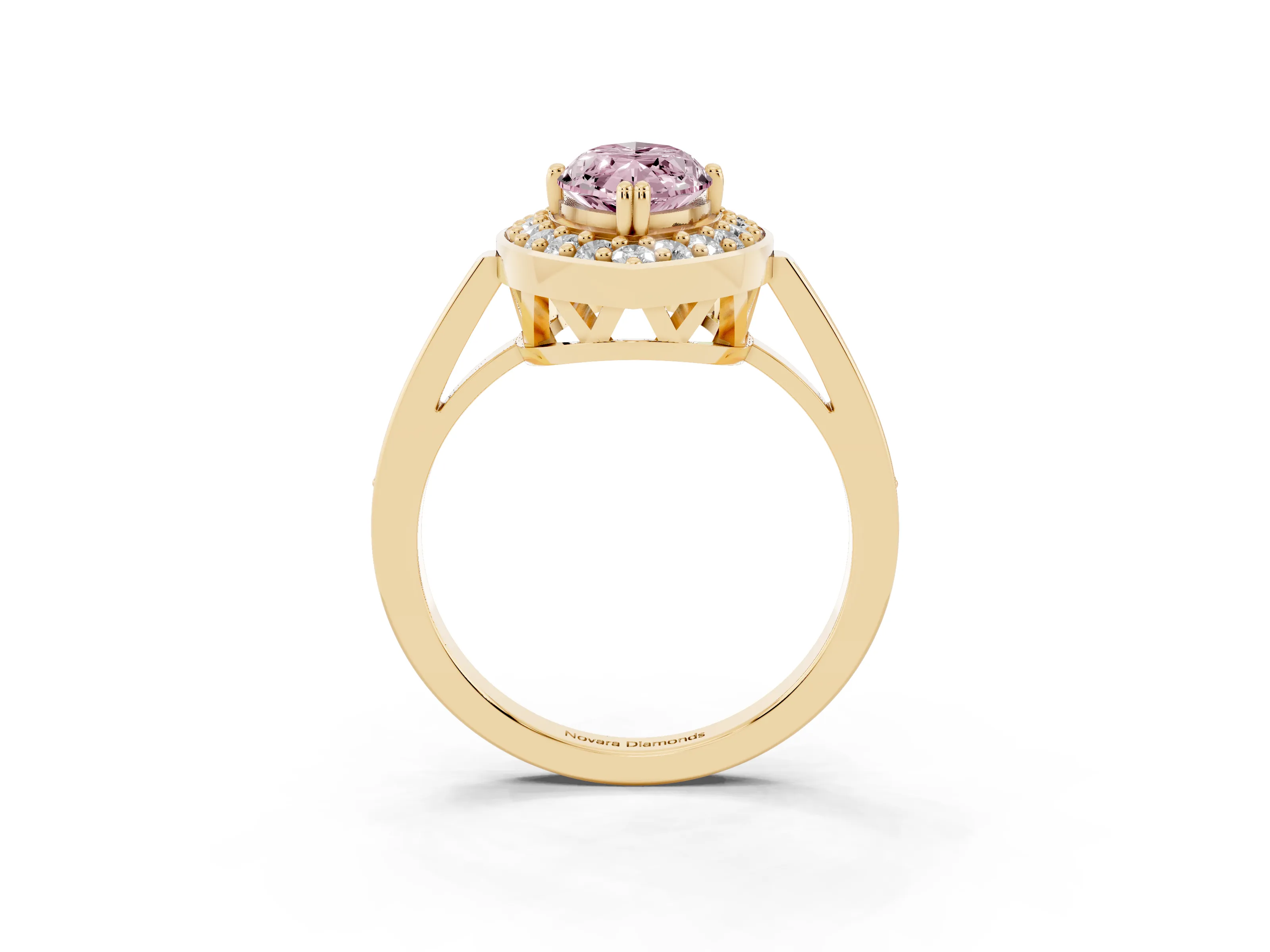 Fancy Pink Marquise Cut Diamond Halo Ring Set in Yellow gold with Accent-Lined Split Shank and Prong Setting