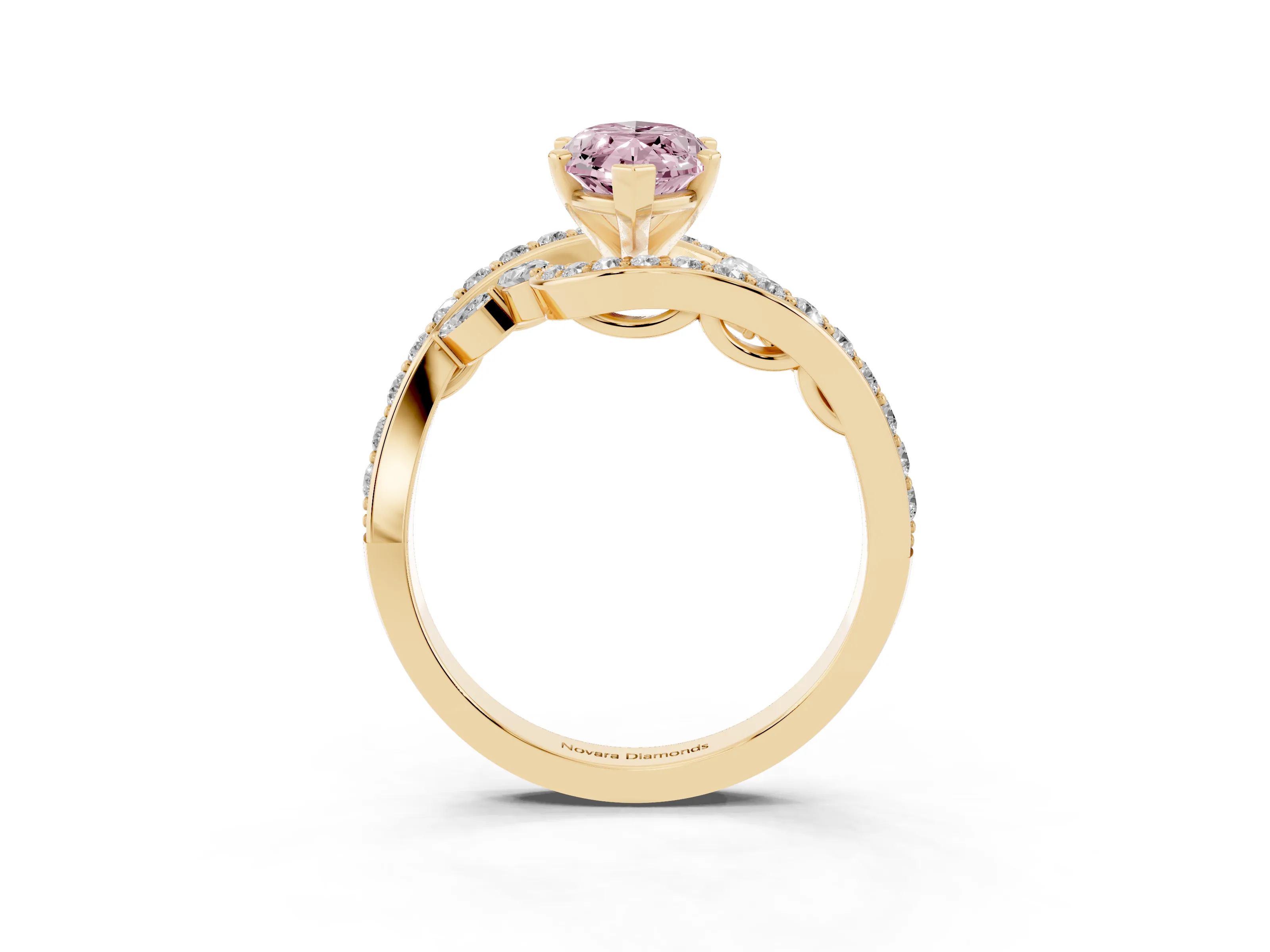 Fancy Pink Marquise Cut Diamond Solitaire Ring Set in Yellow gold with Pavé Twist Band and Secure Prong Setting