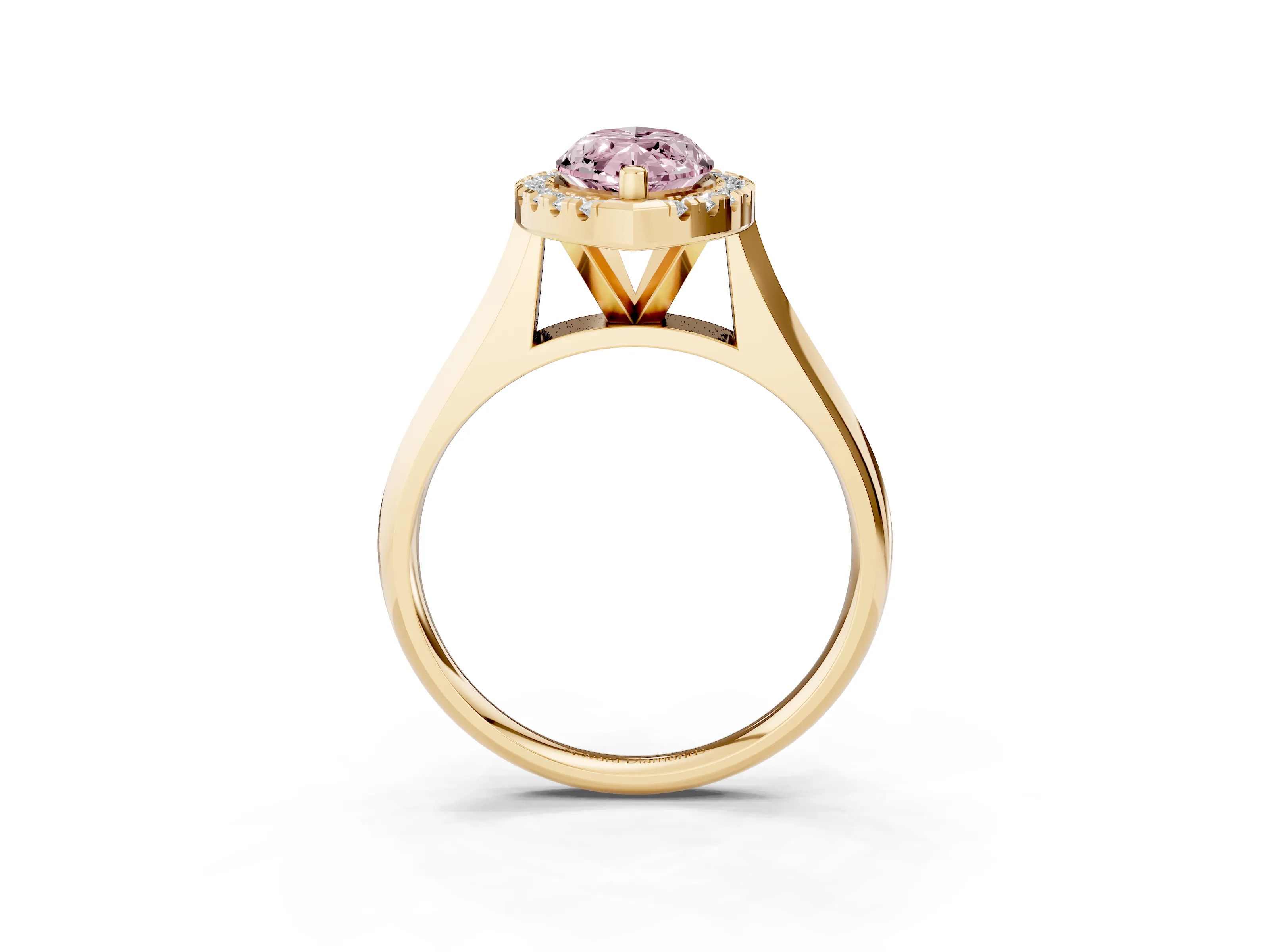 Fancy Pink Marquise Cut Diamond Halo Solitaire Engagement Ring Set in Yellow gold with Square Band and Prong Setting