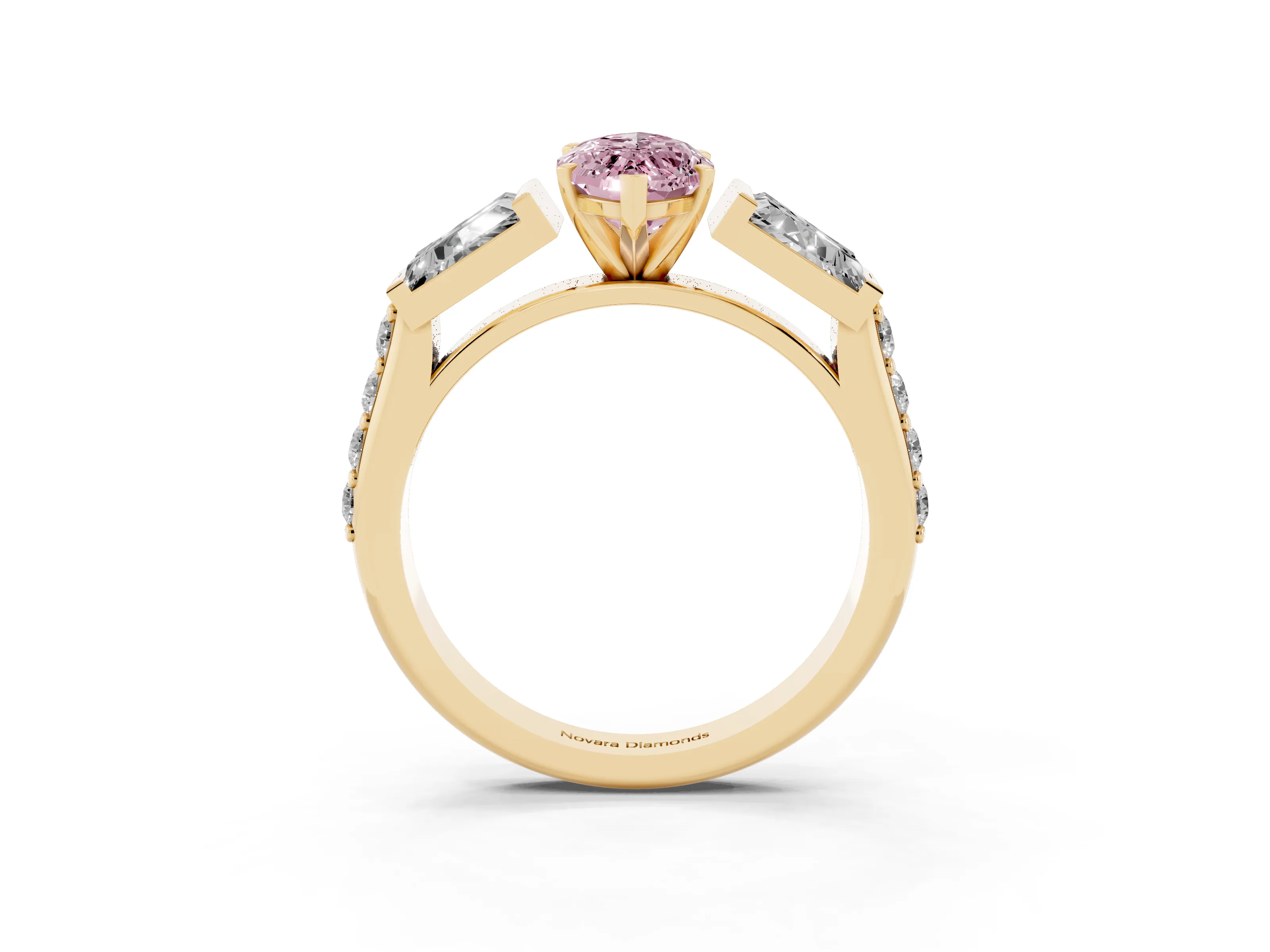 Fancy Pink Marquise Cut Diamond Engagement Ring Set in Yellow gold with Baguette Side Stones and Channel Set Band