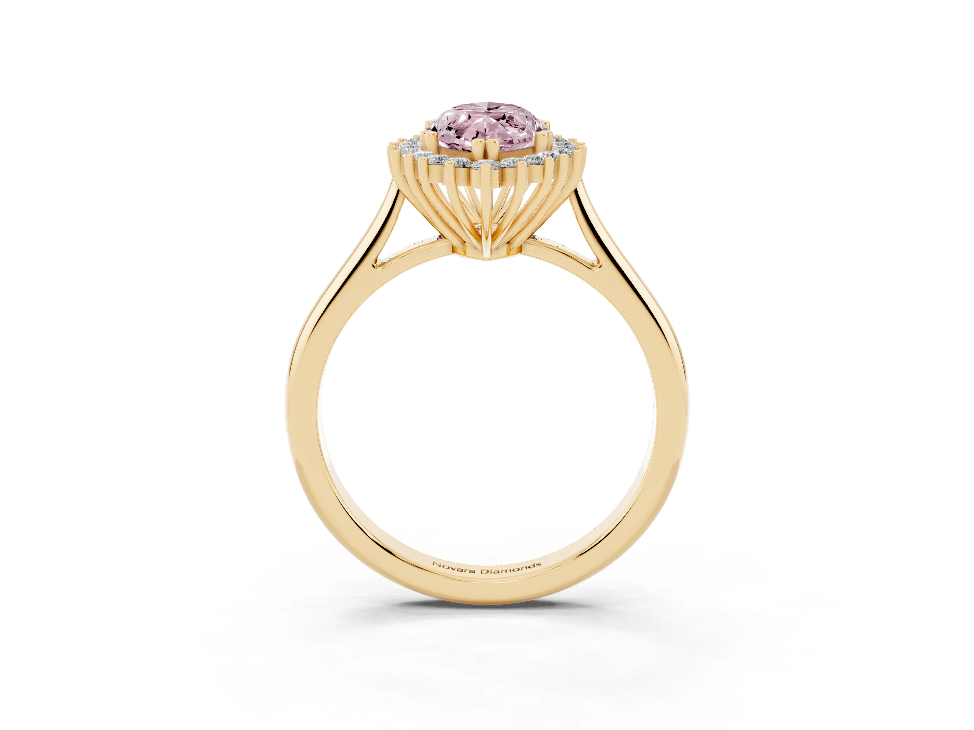 Fancy Pink Marquise Cut Diamond Halo Ring Set in Yellow gold with Plain Solitaire Band and Prong Setting