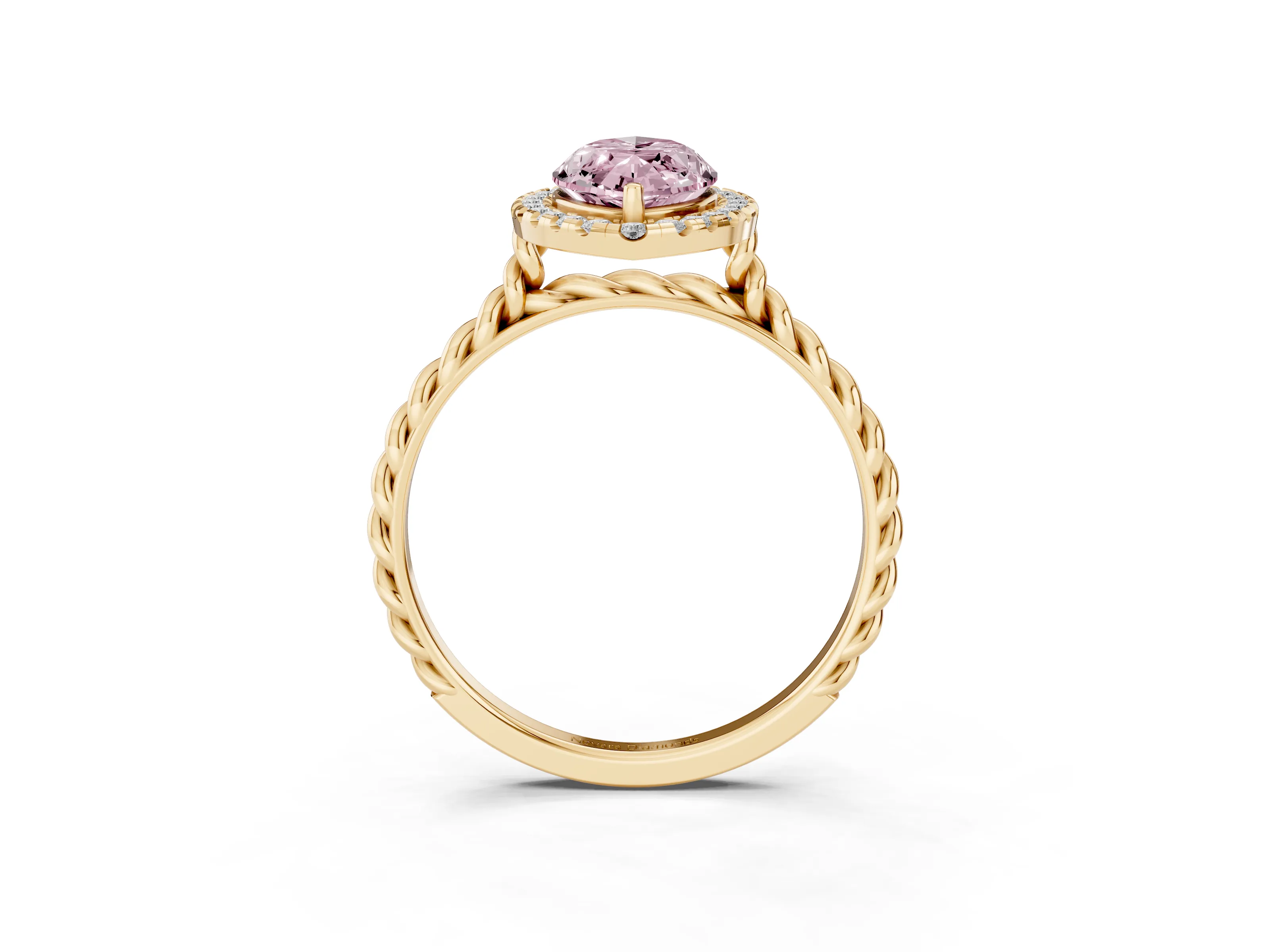 Fancy Pink Marquise Cut Diamond Halo Ring Set in Yellow gold with Plain Twisted Band