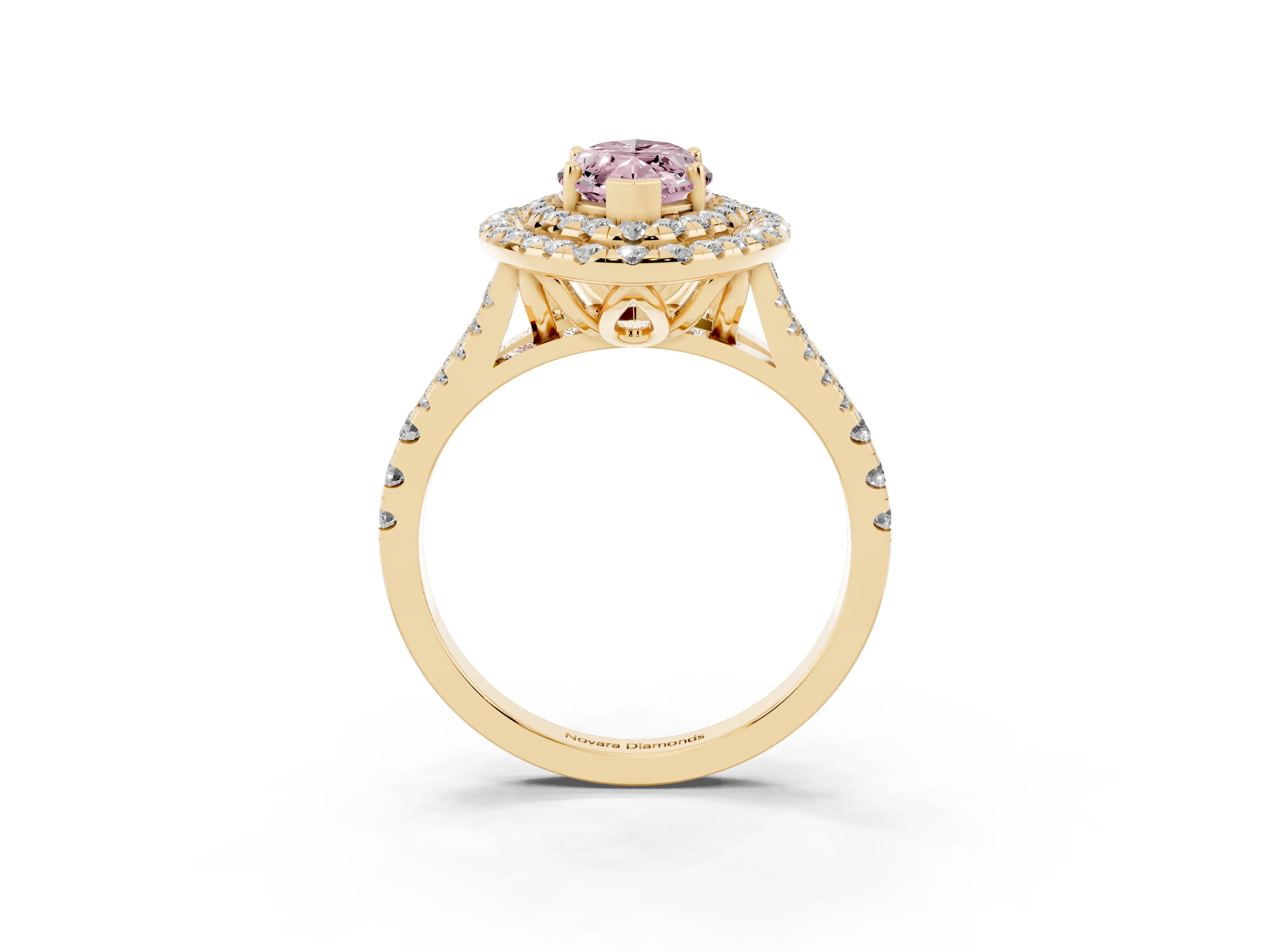 Fancy Pink Marquise Cut Diamond Double Halo Ring Set in Yellow gold with Pavé Split Shank and Prong Setting