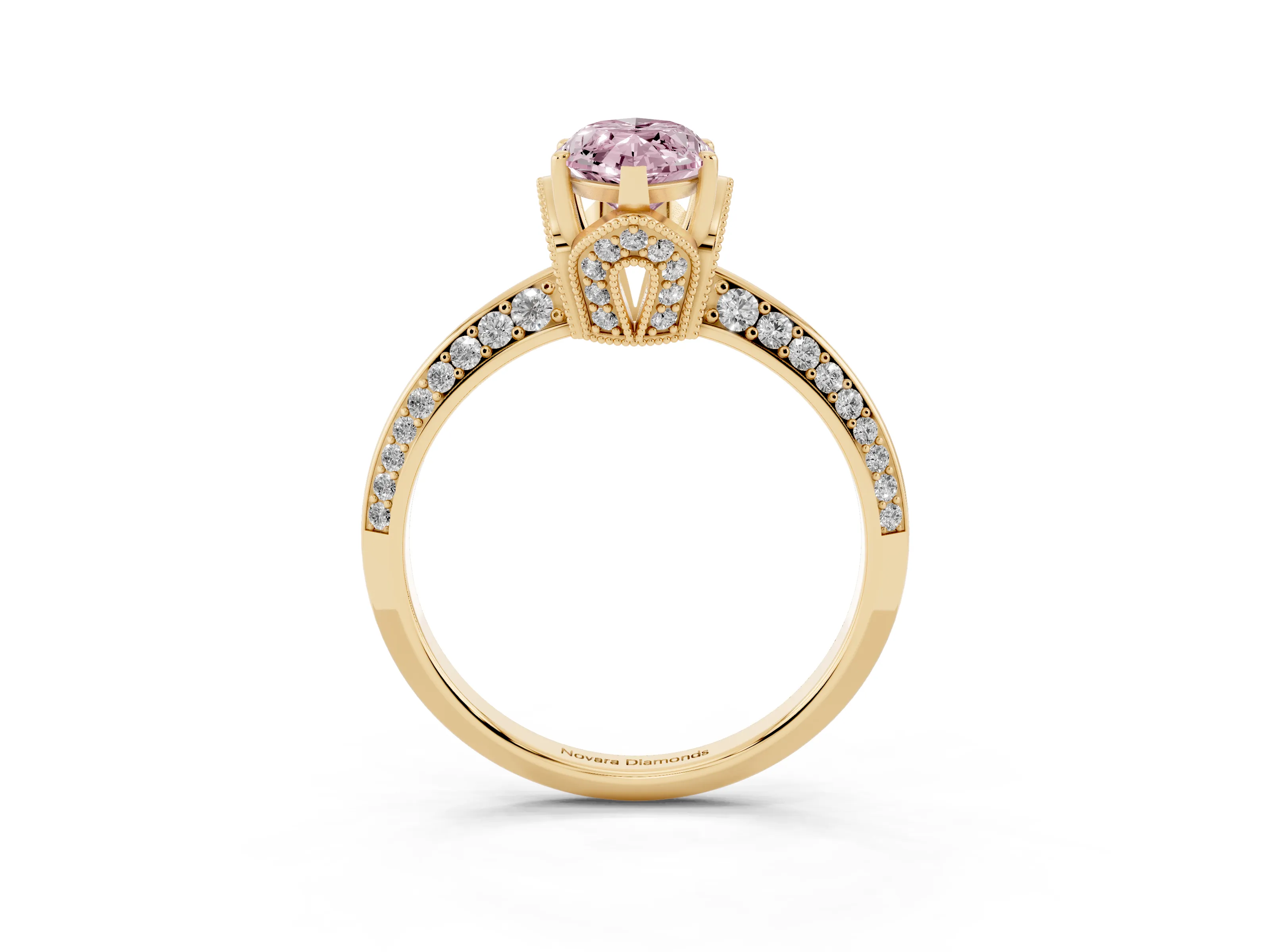 Fancy Pink Marquise Cut Diamond Solitaire Engagement Ring Set in Yellow gold with Pavé Split Shank and Prong Setting