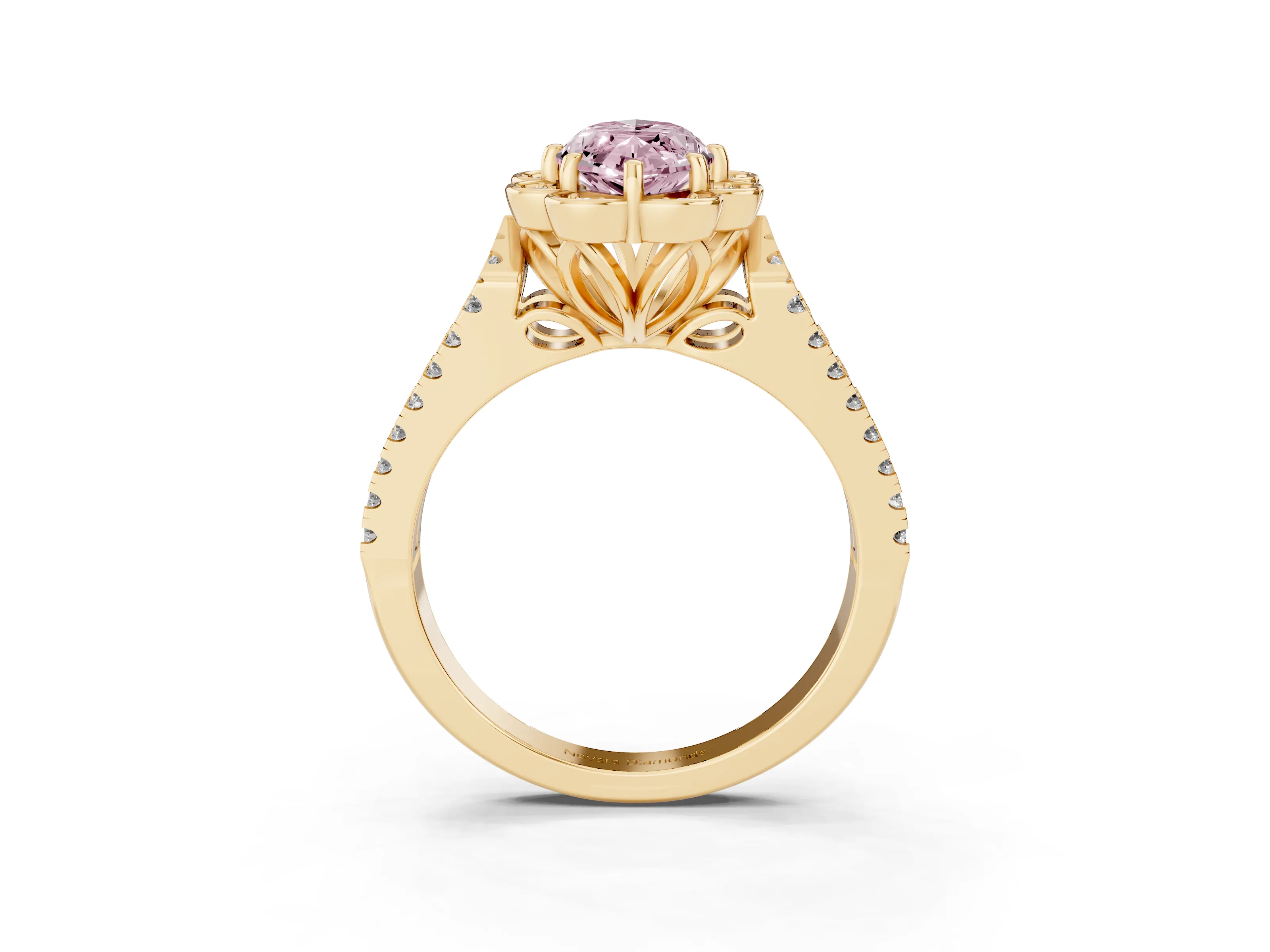 Fancy Pink Marquise Cut Diamond Floral Halo Split Shank Engagement Ring Set in Yellow gold with Pavé Shank