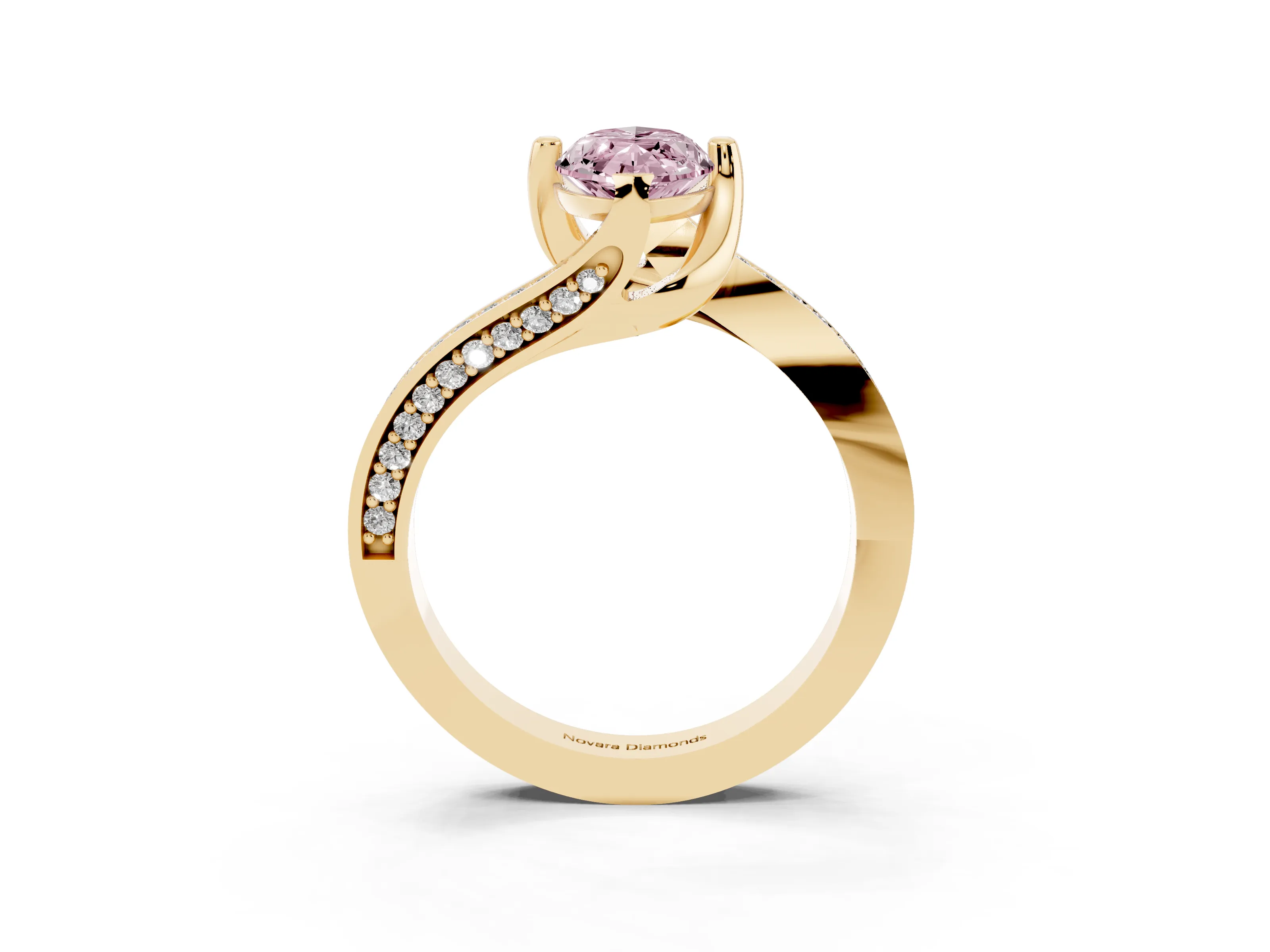 Fancy Pink Marquise Cut Diamond Solitaire Ring Set in Yellow gold with Intertwined Pavé Twist Band