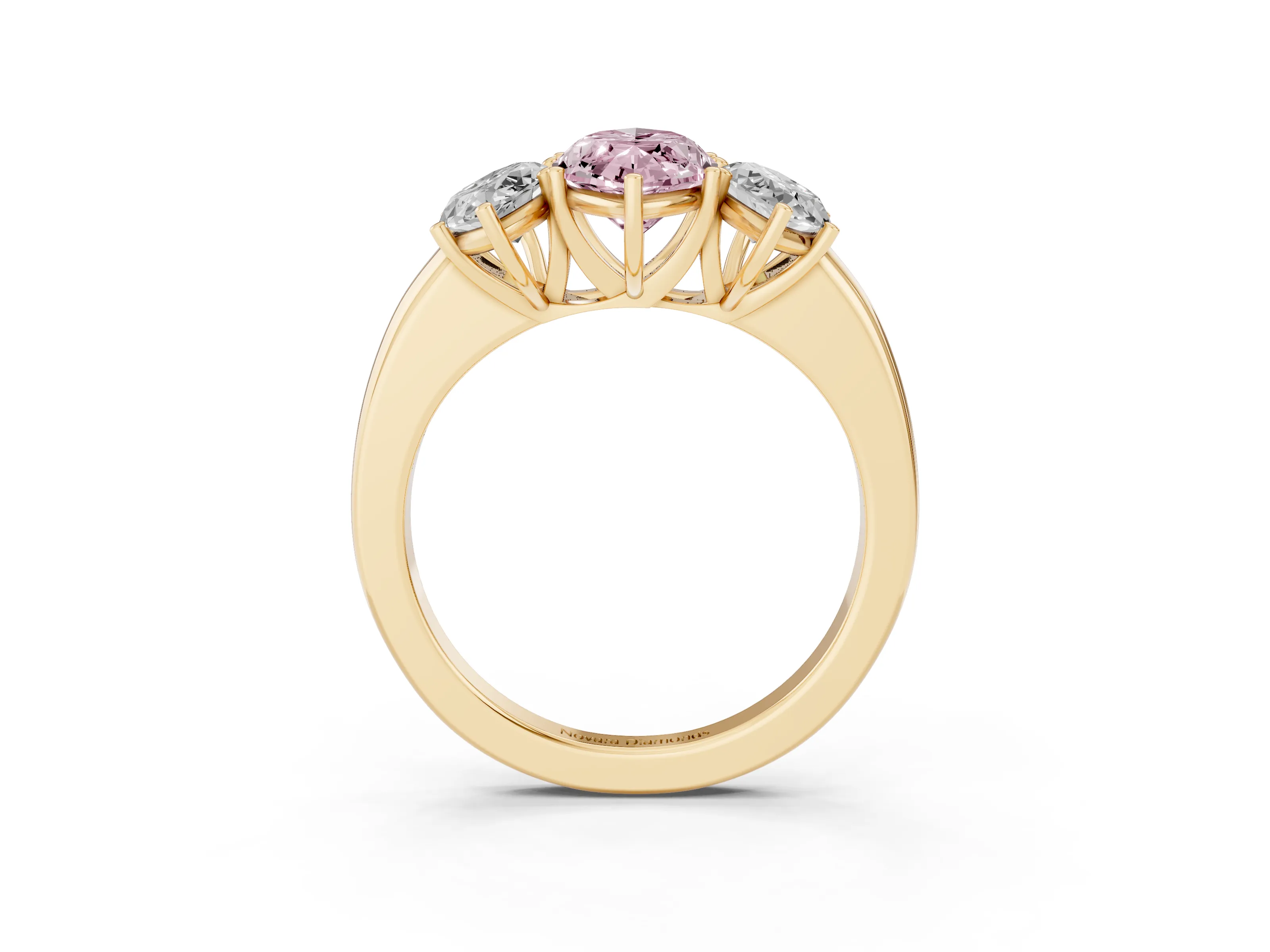 Fancy Pink Marquise Cut Diamond Three-Stone Ring Set in Yellow gold with Bold Center and Classic Band