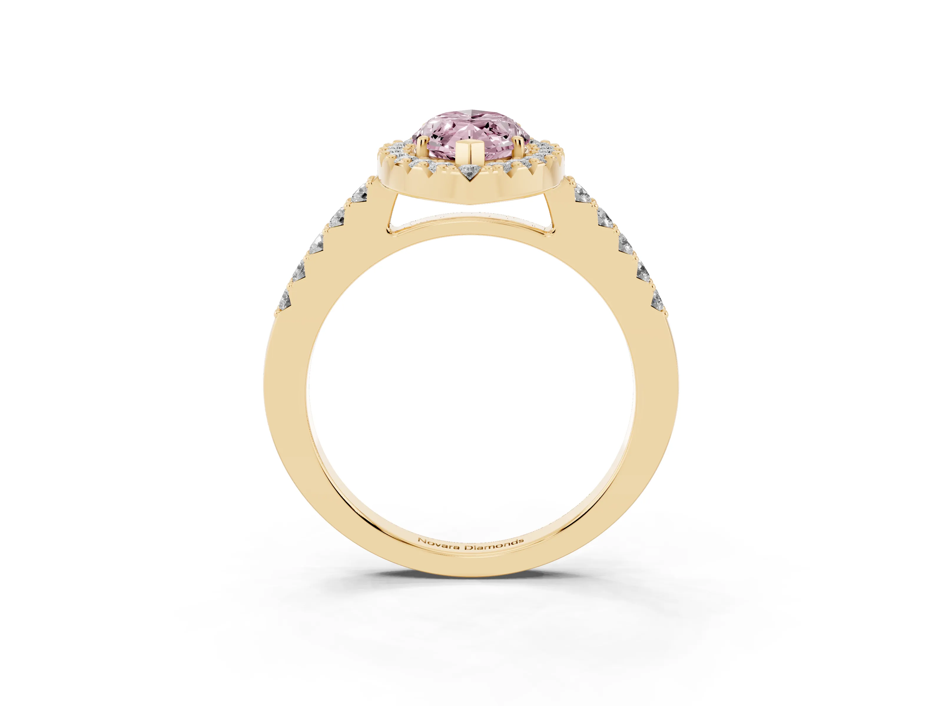 Fancy Pink Marquise Cut Diamond Halo Pavé Solitaire Ring Set in Yellow gold with Prong-Set Center Stone