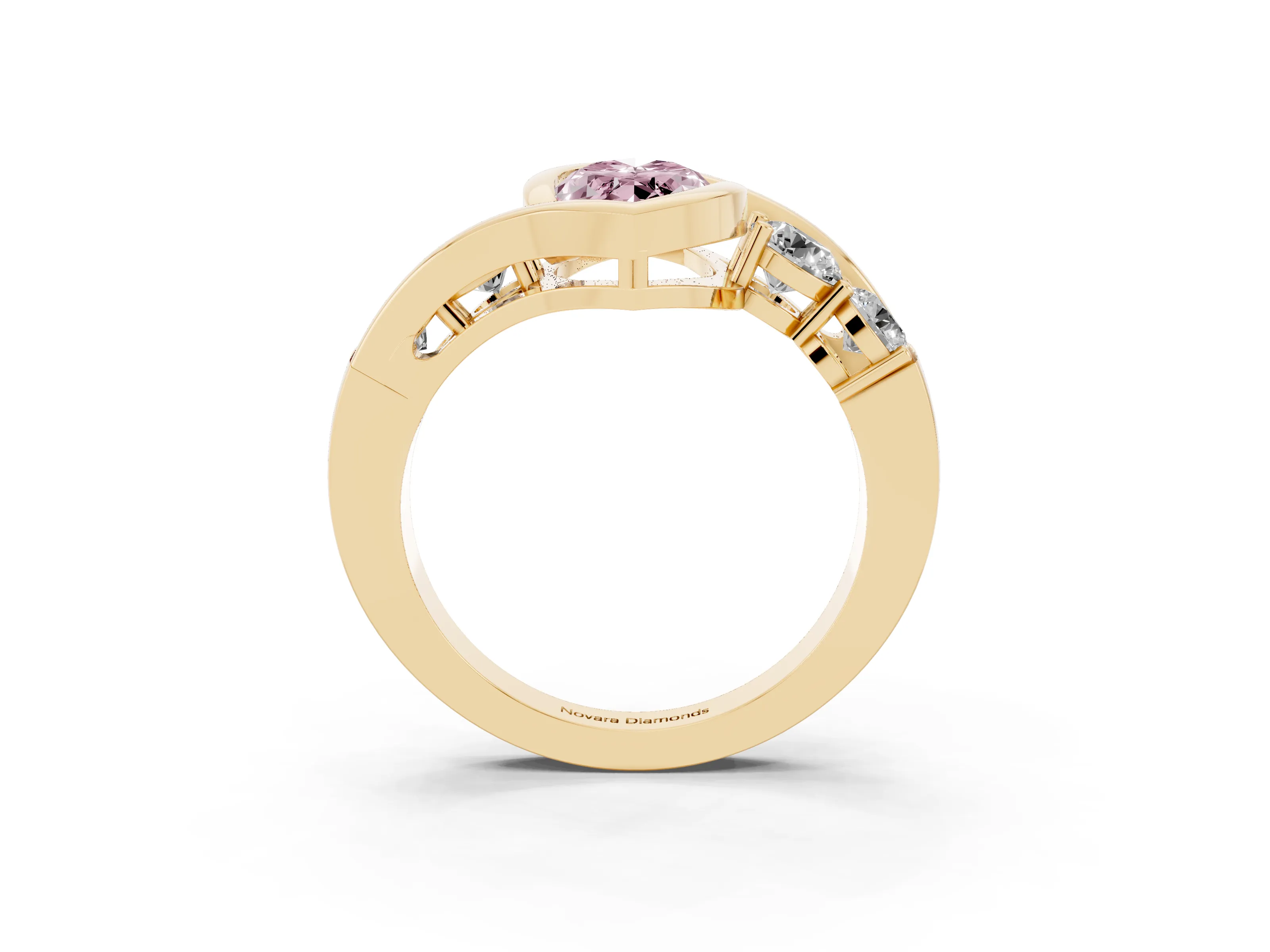 Fancy Pink Marquise Cut Diamond Bezel Bypass Ring Set in Yellow gold with Round Accents