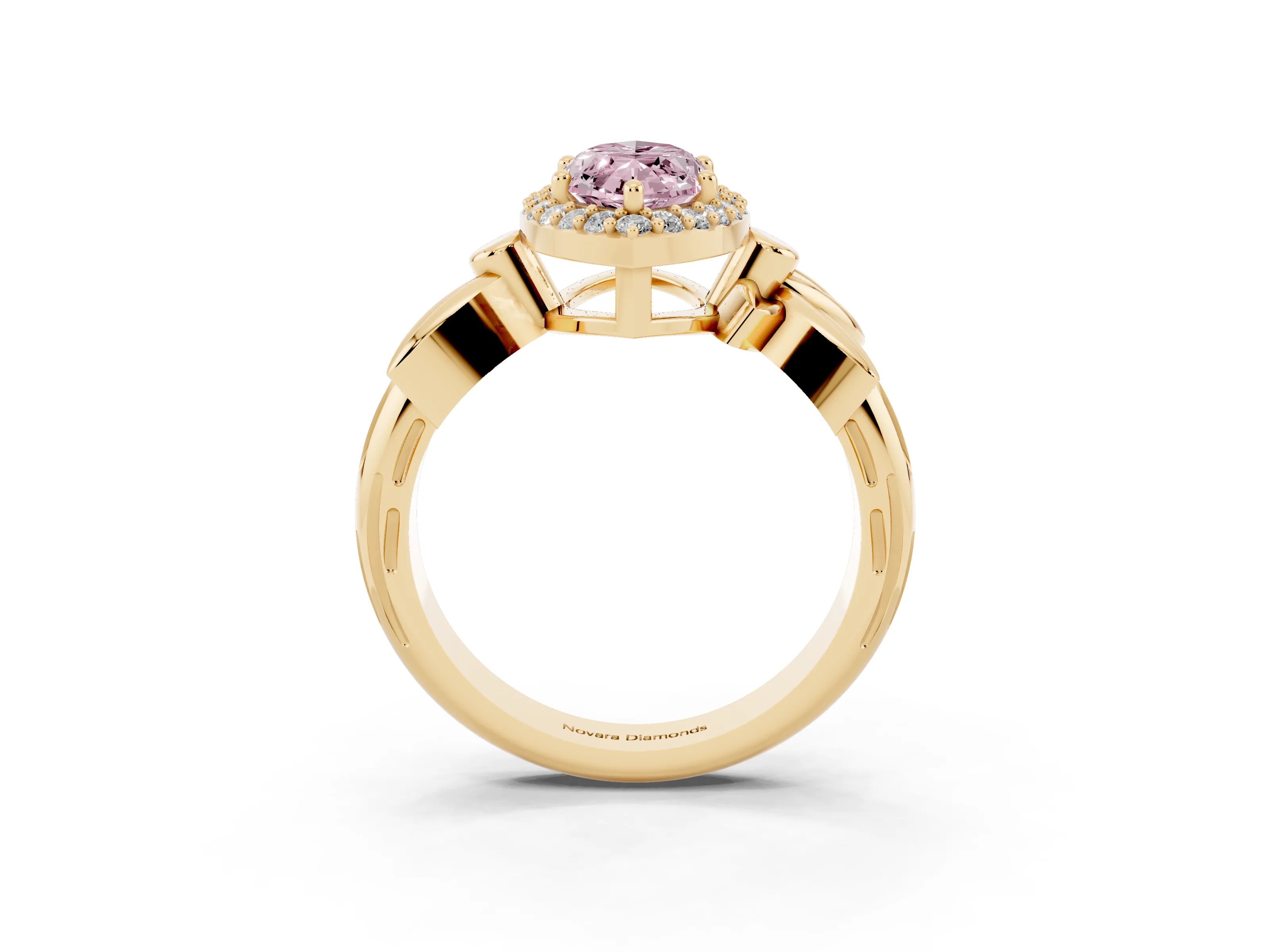 Fancy Pink Marquise Cut Diamond Halo Floral Band Ring Set in Yellow gold with Prong Setting