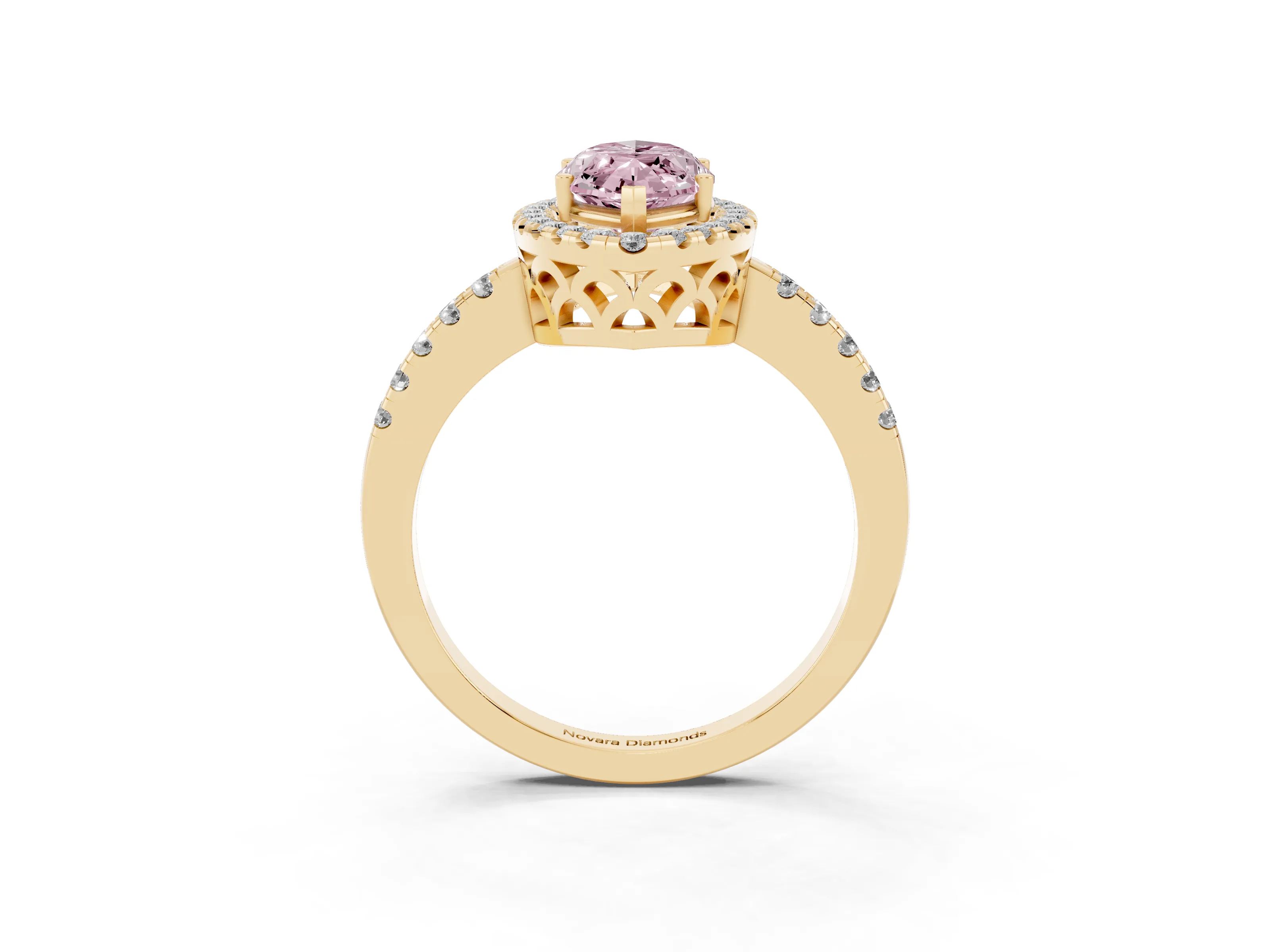 Fancy Pink Marquise Cut Diamond Pavé Band Halo Engagement Ring Set in Yellow gold with Prong Setting