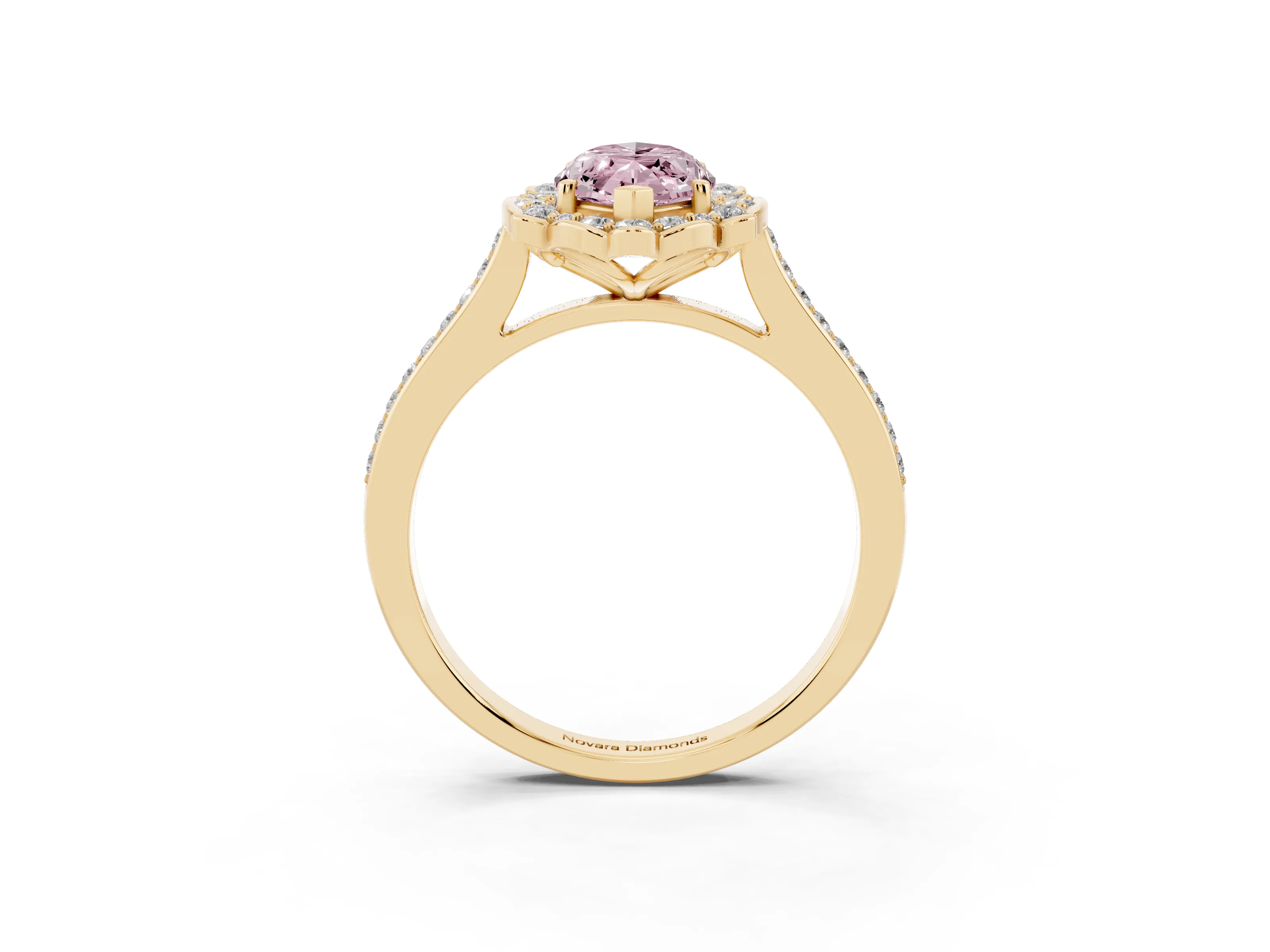 Fancy Pink Marquise Cut Diamond Halo Ring Set in Yellow gold with Pavé-Lined Shoulders and Prong Setting