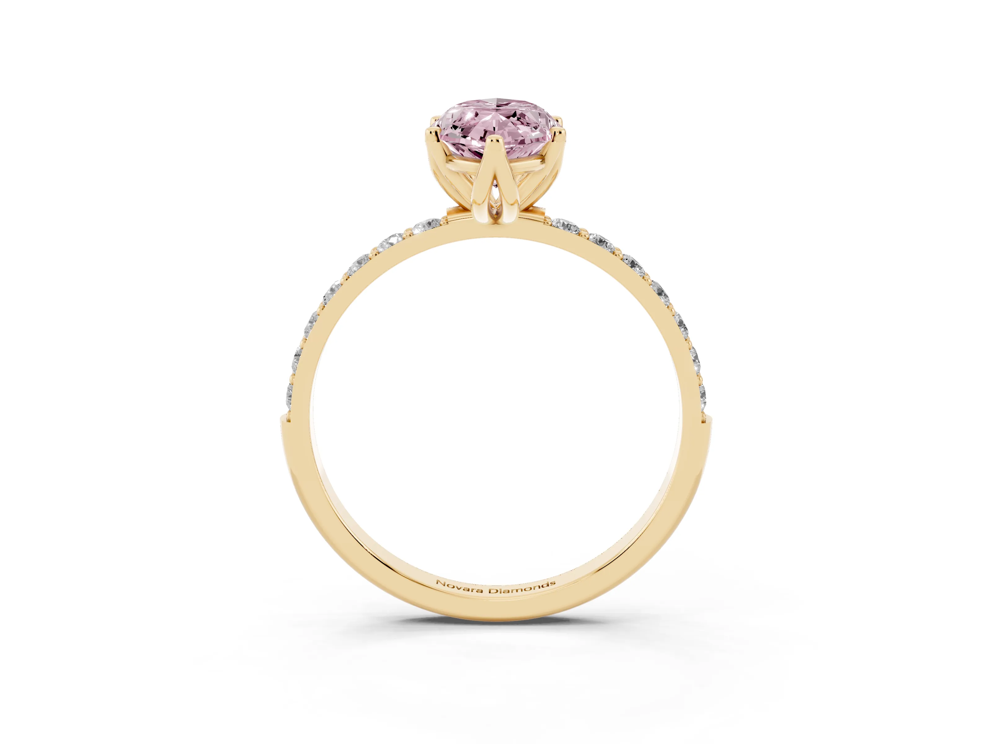 Fancy Pink Marquise Cut Diamond Solitaire Engagement Ring Set in Yellow gold with Round Pavé Band and Prong Setting