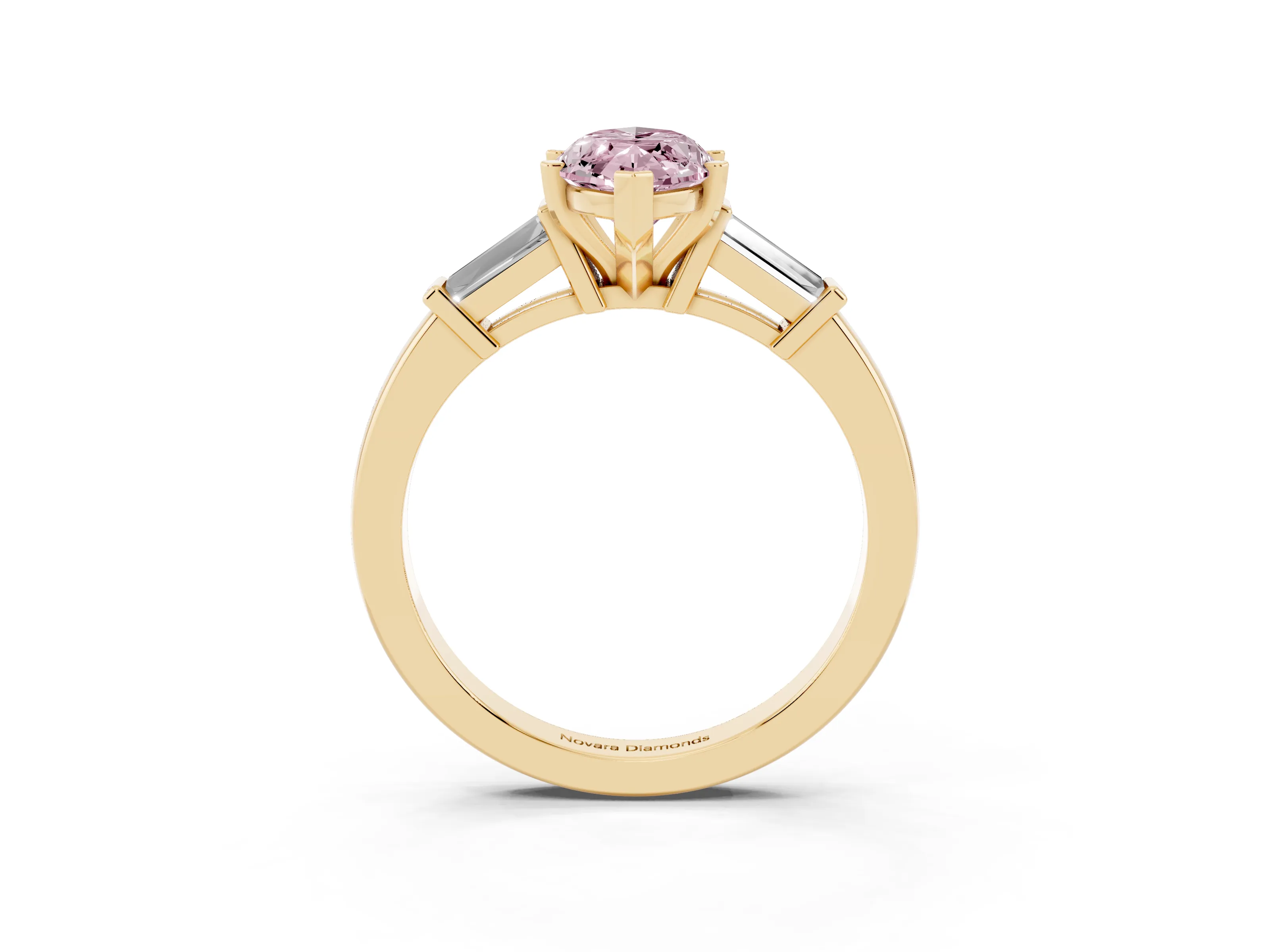 Fancy Pink Marquise Cut Diamond Solitaire Ring Set in Yellow gold with Tapered Baguette Accents and Prong Setting