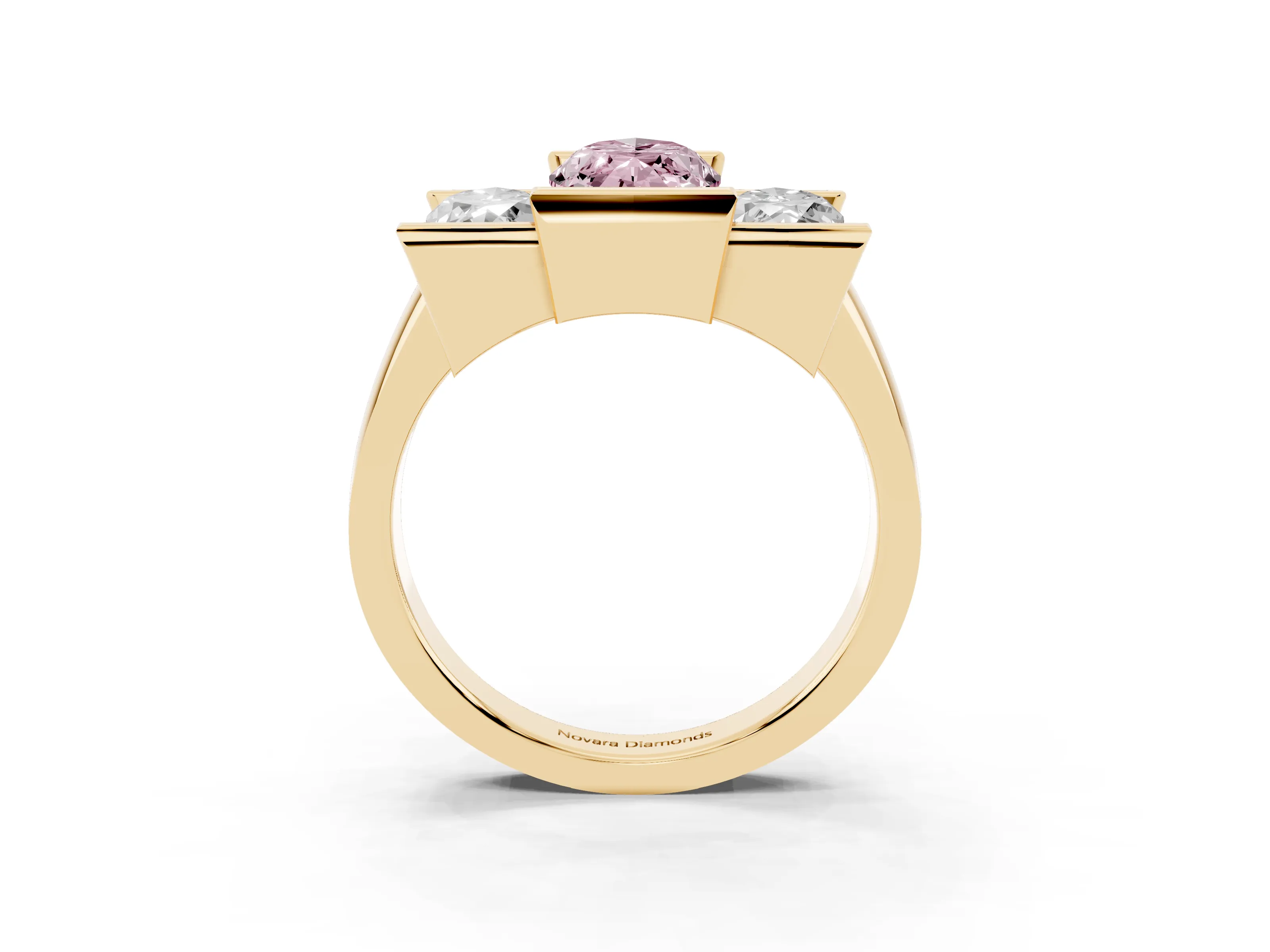 Fancy Pink Marquise Cut Diamond Three-Stone Channel Set Ring Set in Yellow gold with Smooth Polished Band