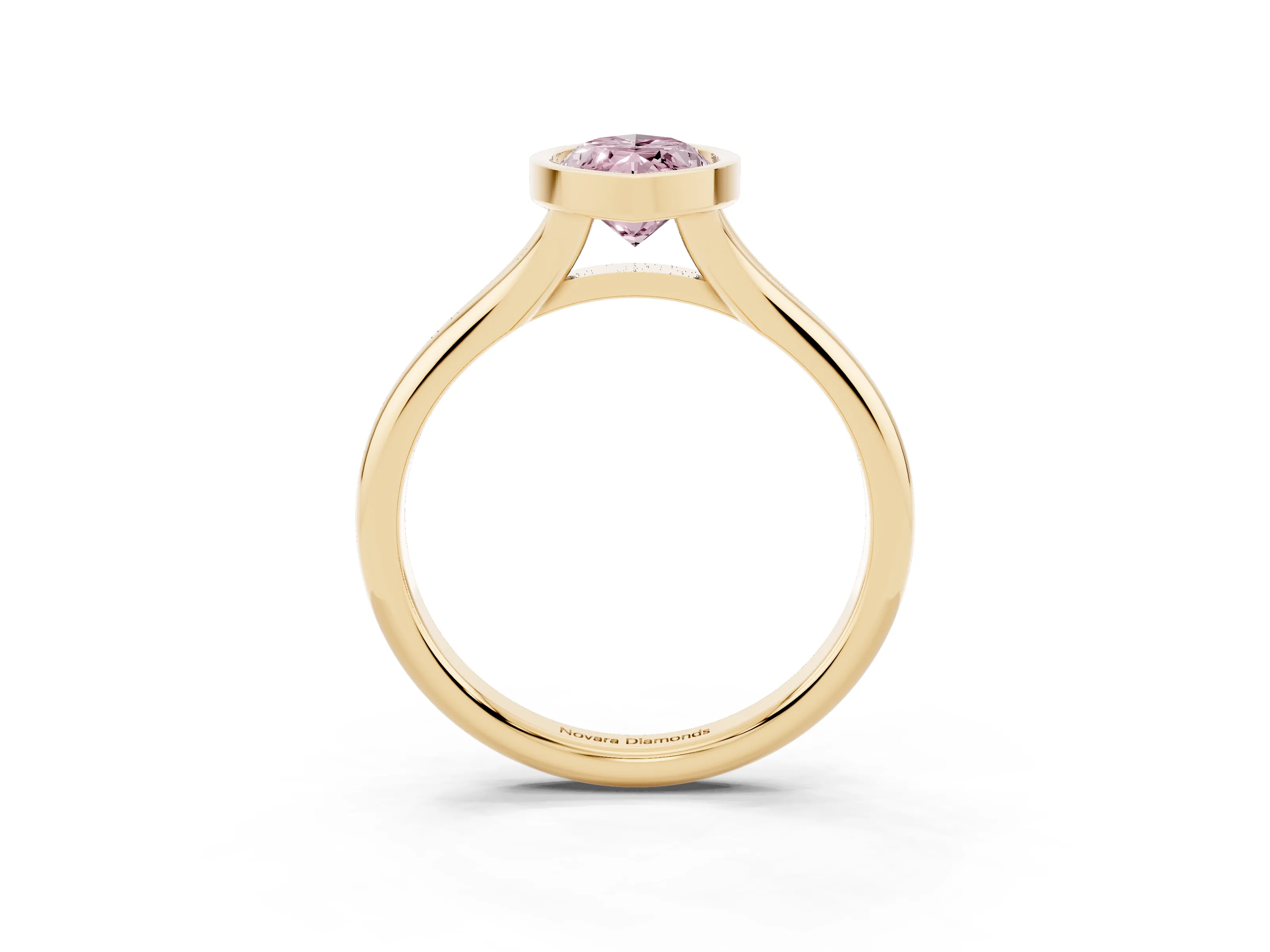 Fancy Pink Bezel Set Marquise Cut Diamond Solitaire Ring Set in Yellow gold with Smooth Band