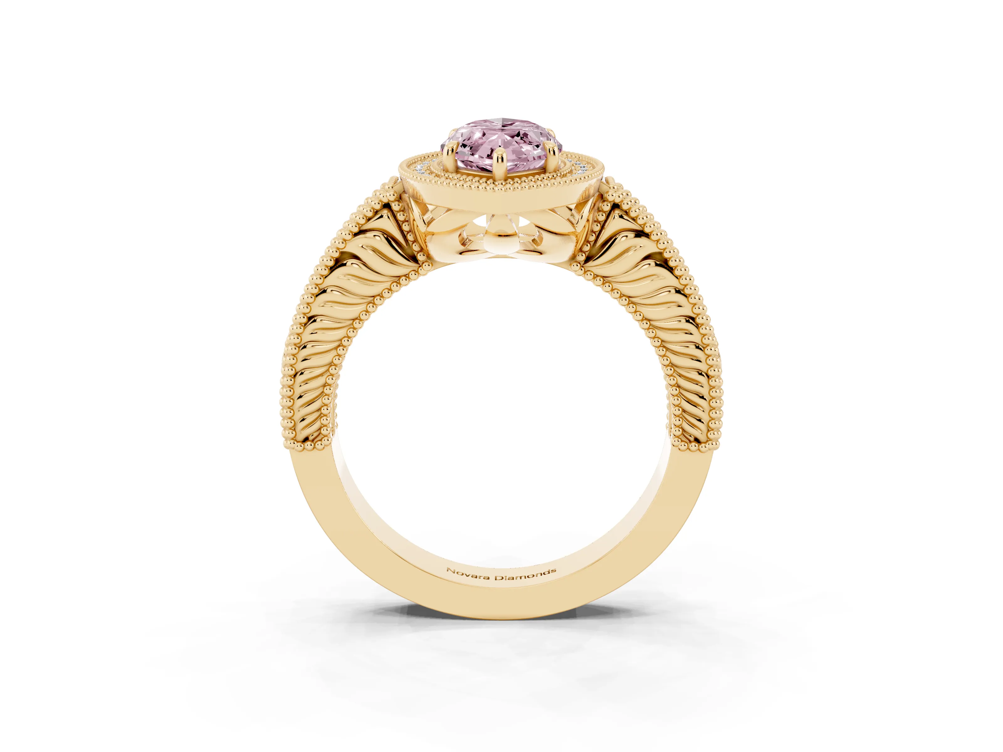 Fancy Pink Marquise Cut Diamond Halo Ring Set in Yellow gold with Round Accent Halo, Pavé Band and Prong Setting