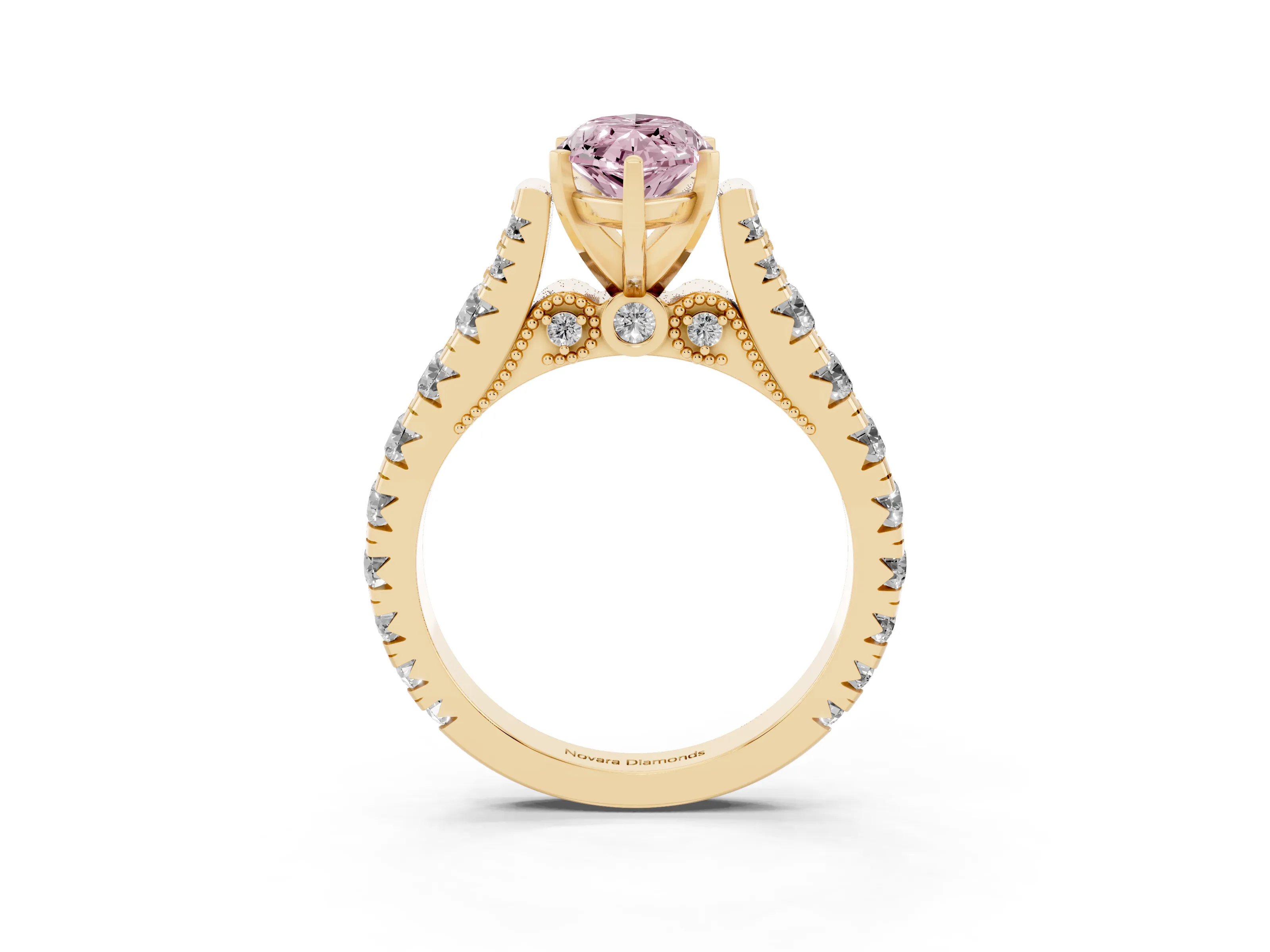 Fancy Pink Marquise Cut Diamond Classic Solitaire Ring Set in Yellow gold with Pavé Band and Prong Setting