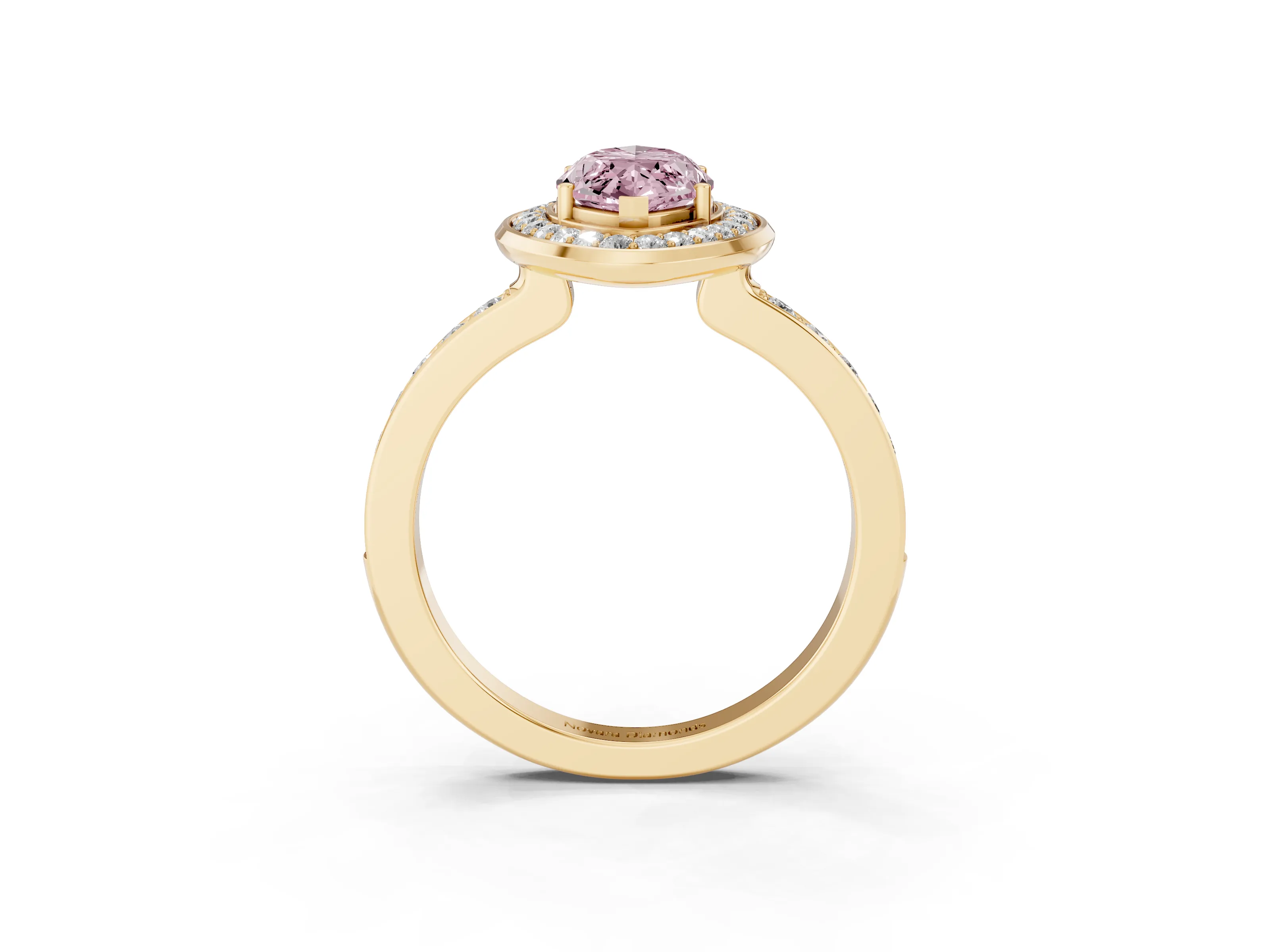 Fancy Pink Marquise Cut Diamond Halo Ring Set in Yellow gold with Bezel Frame and Pavé Band