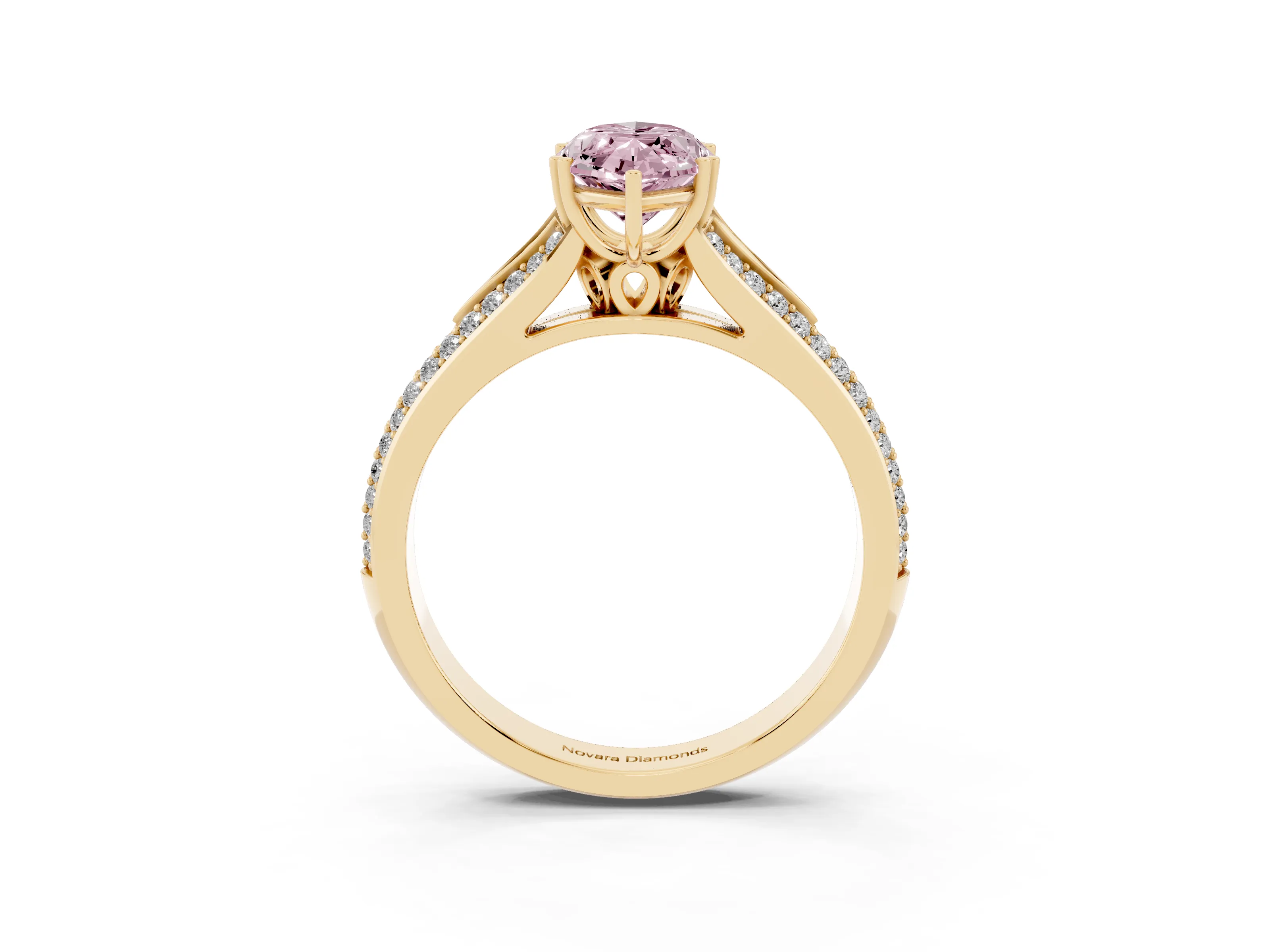 Fancy Pink Marquise Cut Diamond Split Shank Pavé Engagement Ring Set in Yellow gold with Prong-Set Center Stone