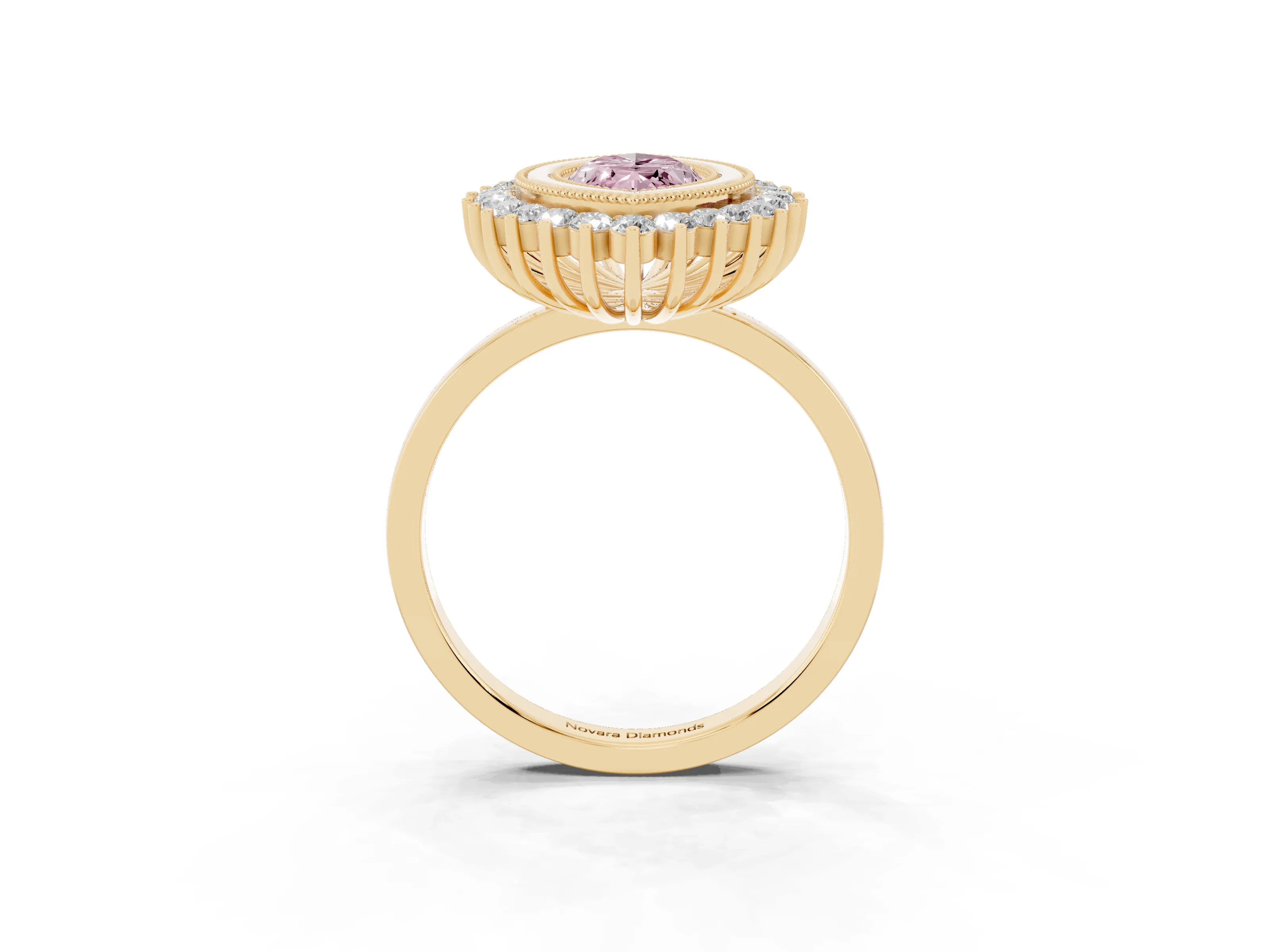 Fancy Pink Marquise Cut Diamond Halo Ring Set in Yellow gold with Milgrain Edge and Round Prong Setting