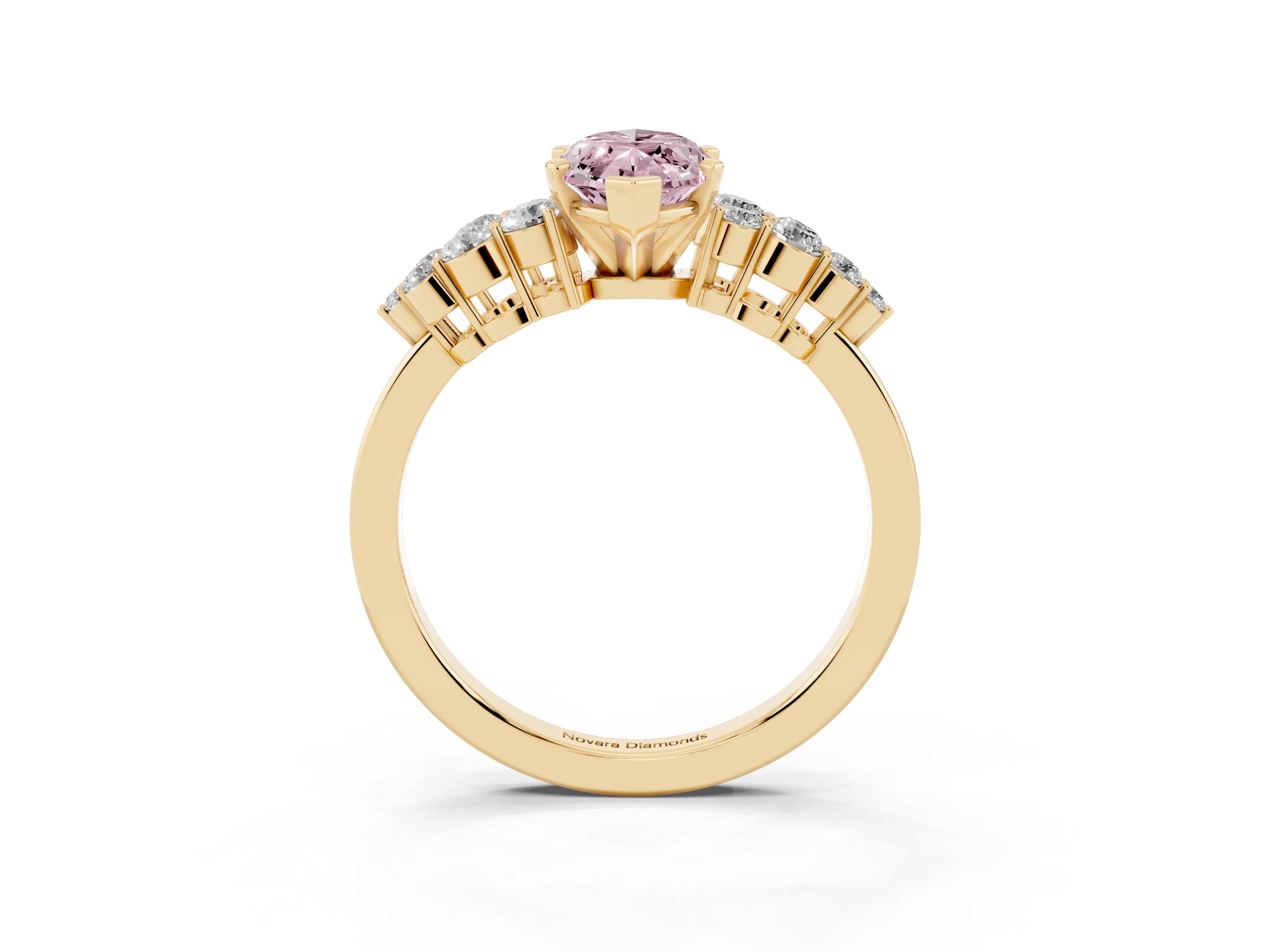 Fancy Pink Marquise Cut Diamond Cluster Engagement Ring Set in Yellow gold with Pavé Band and Prong Setting